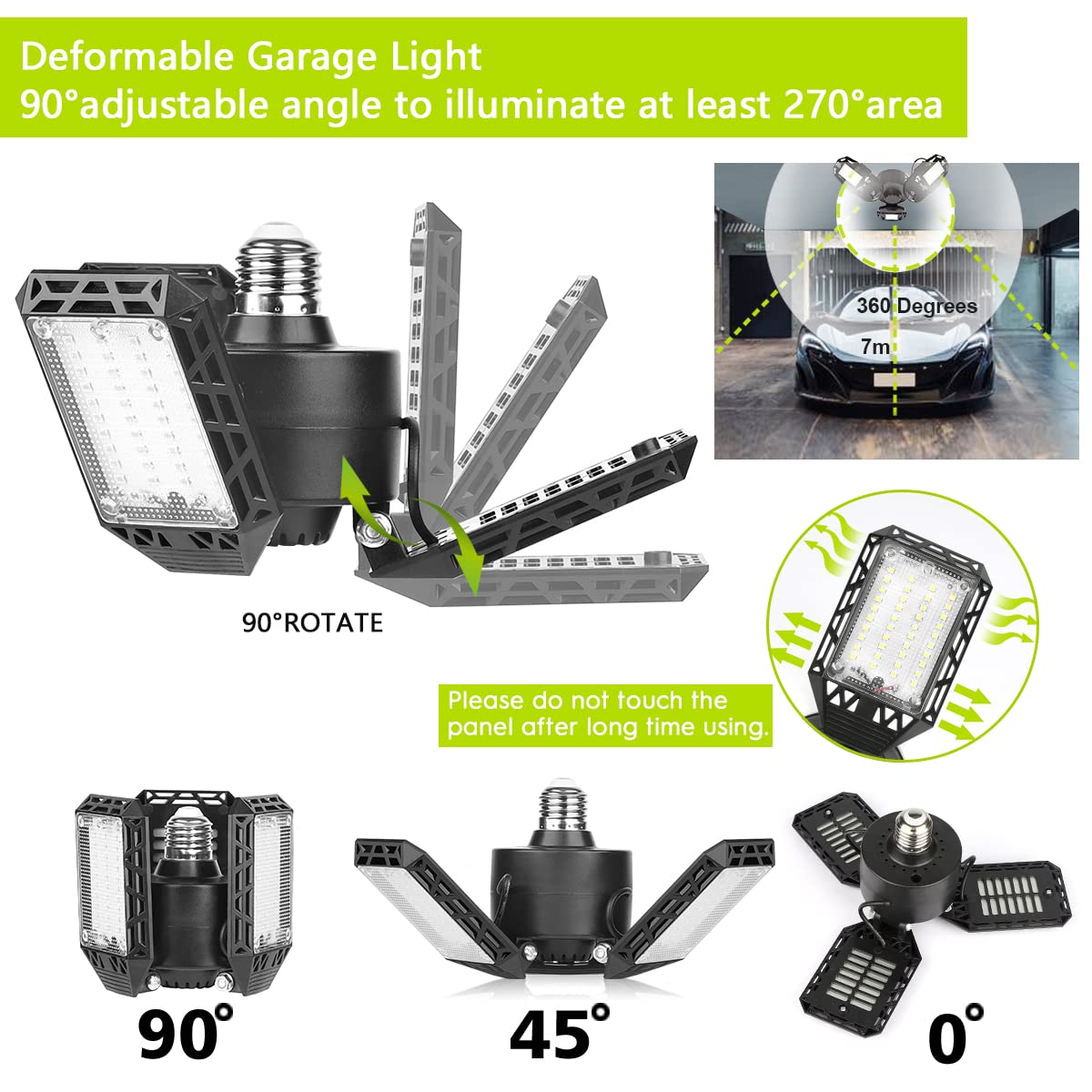4 Pack LED Garage Lights, 60W Deformable Ceiling Light 8000LM E26 with 3 Adjustable Panels for Garage, Workshop, Warehouse & Barn