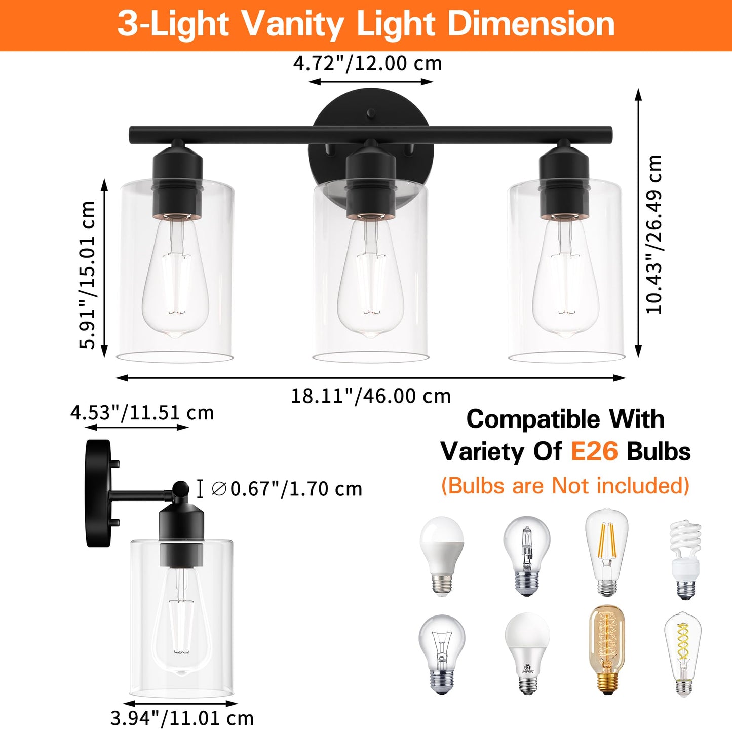 Espird Matte Black 3-Light Bathroom Vanity Fixture, Modern Over-Mirror Wall Sconce with Glass Shades, UL Certified