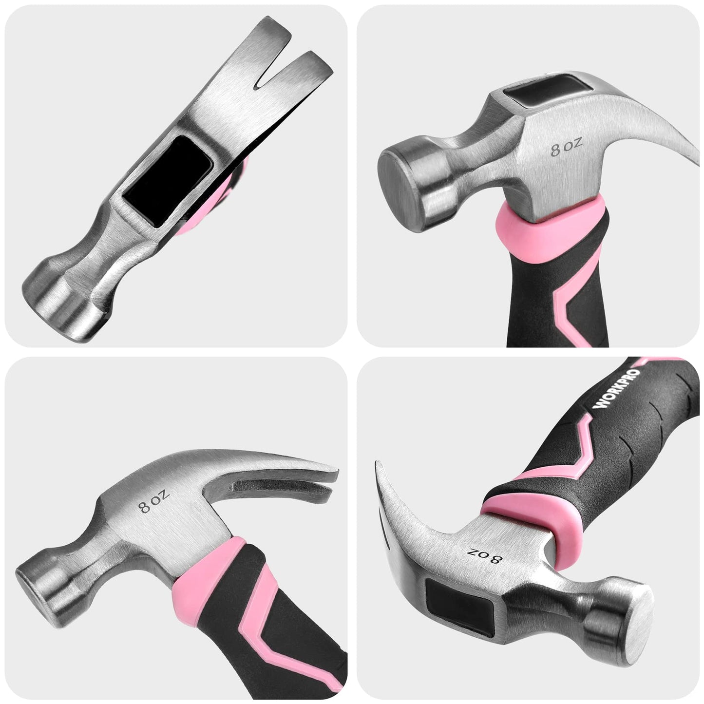 WORKPRO 8 oz Claw Hammer with Fiberglass Handle, All Purpose Hammer with Forged Hardened Steel Head, Pink Ribbon