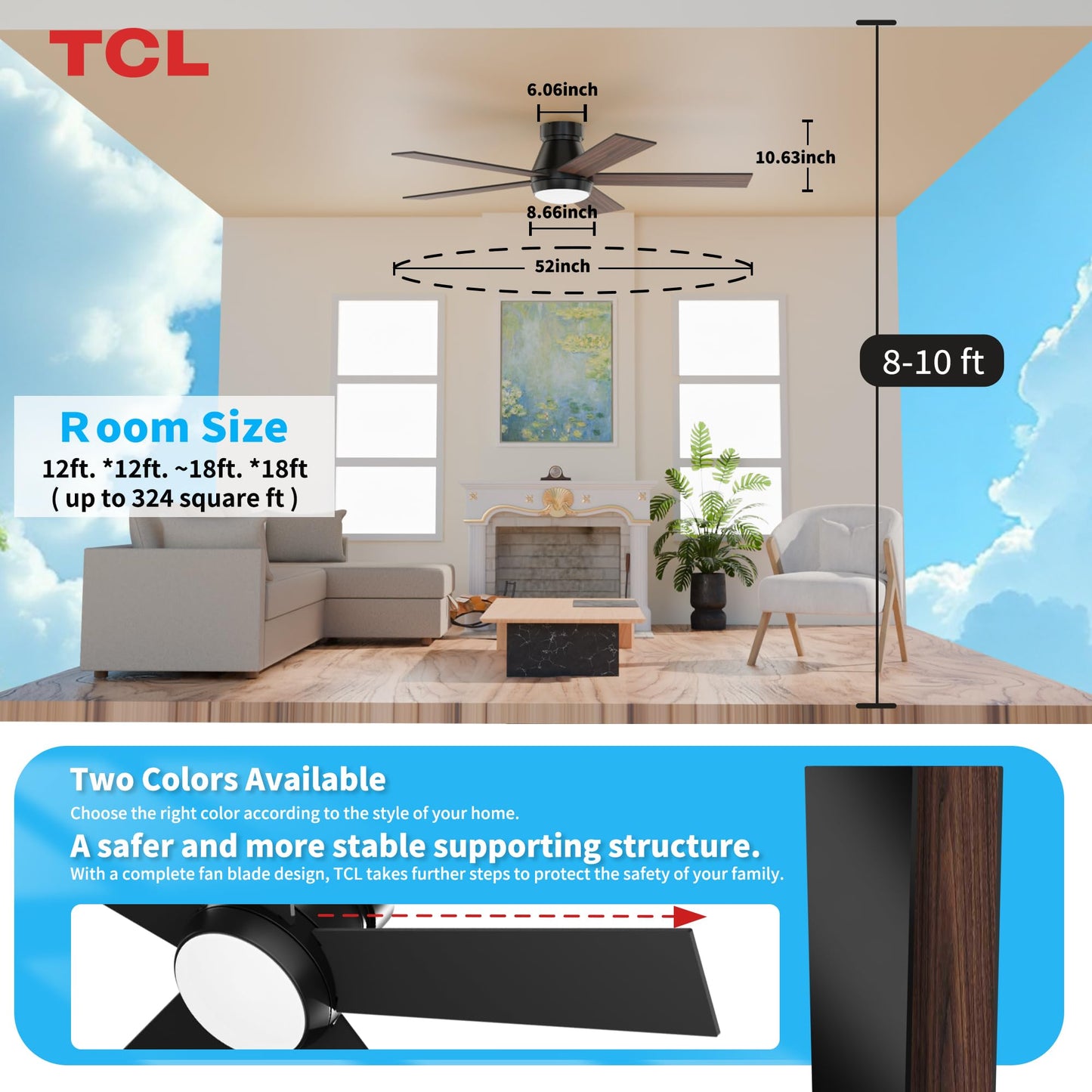 **TCL 52” Black Ceiling Fan with Light & Remote, Modern LED 3-Color 3CCT, Quiet Motor for Bedroom & Living Room**