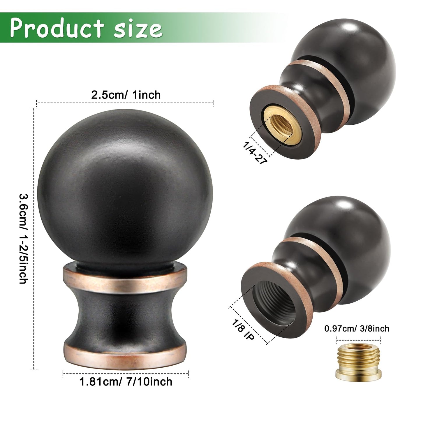 Ball Lamp Finial Cap for Shade Top, Solid Heavy Metal Screw Finial, 1/4-27” Thread, Fits Table & Floor Lamps