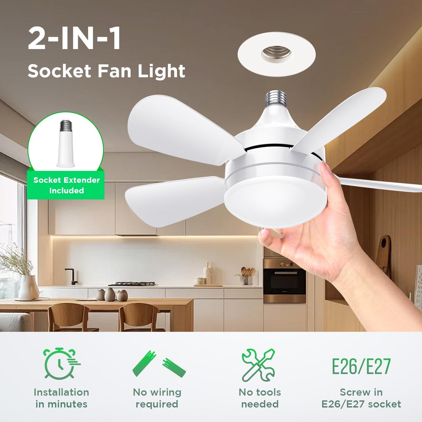 OSTIVE Socket Ceiling Fan with Light & Remote – Small Screw-In Fan, Dimmable LED 3CCT 3000K-6500K, 2000 Lumens for Bedroom & Living Room