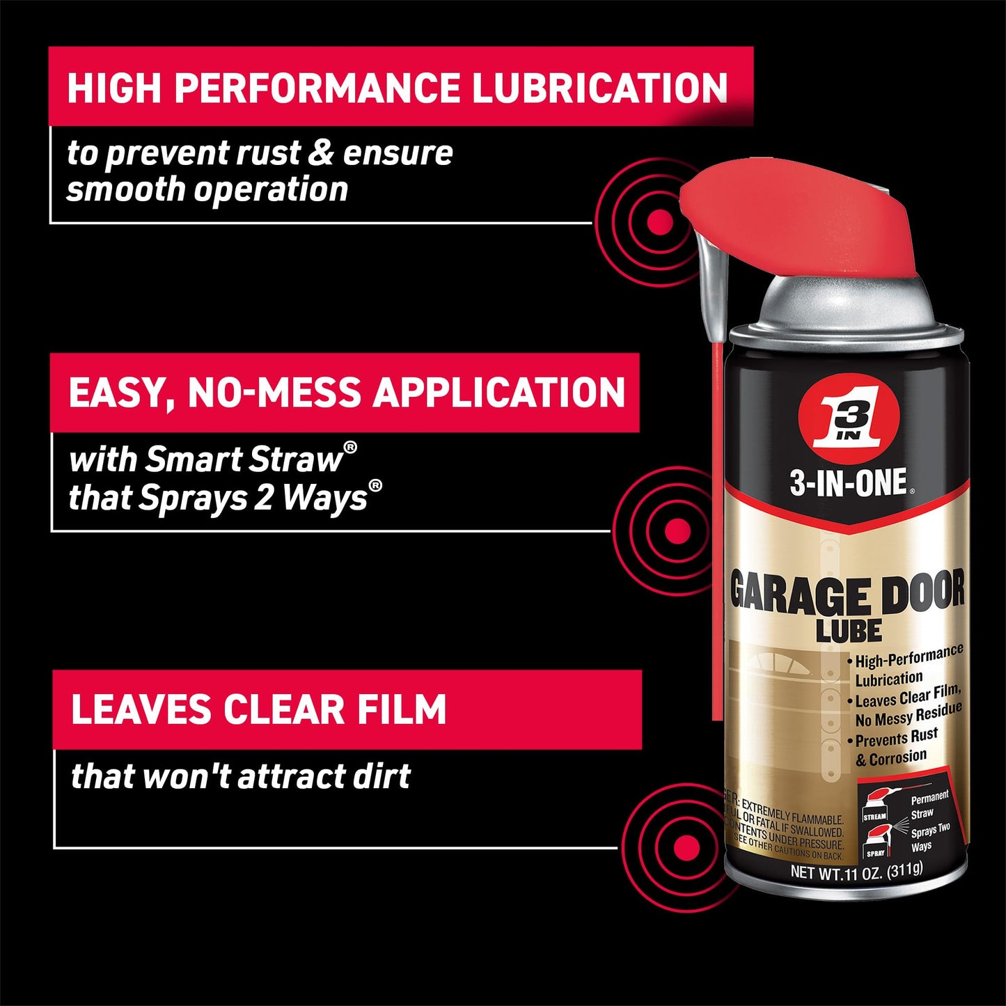 3-IN-ONE Garage Door Lubricant with SMART STRAW SPRAYS 2 WAYS, 11 OZ