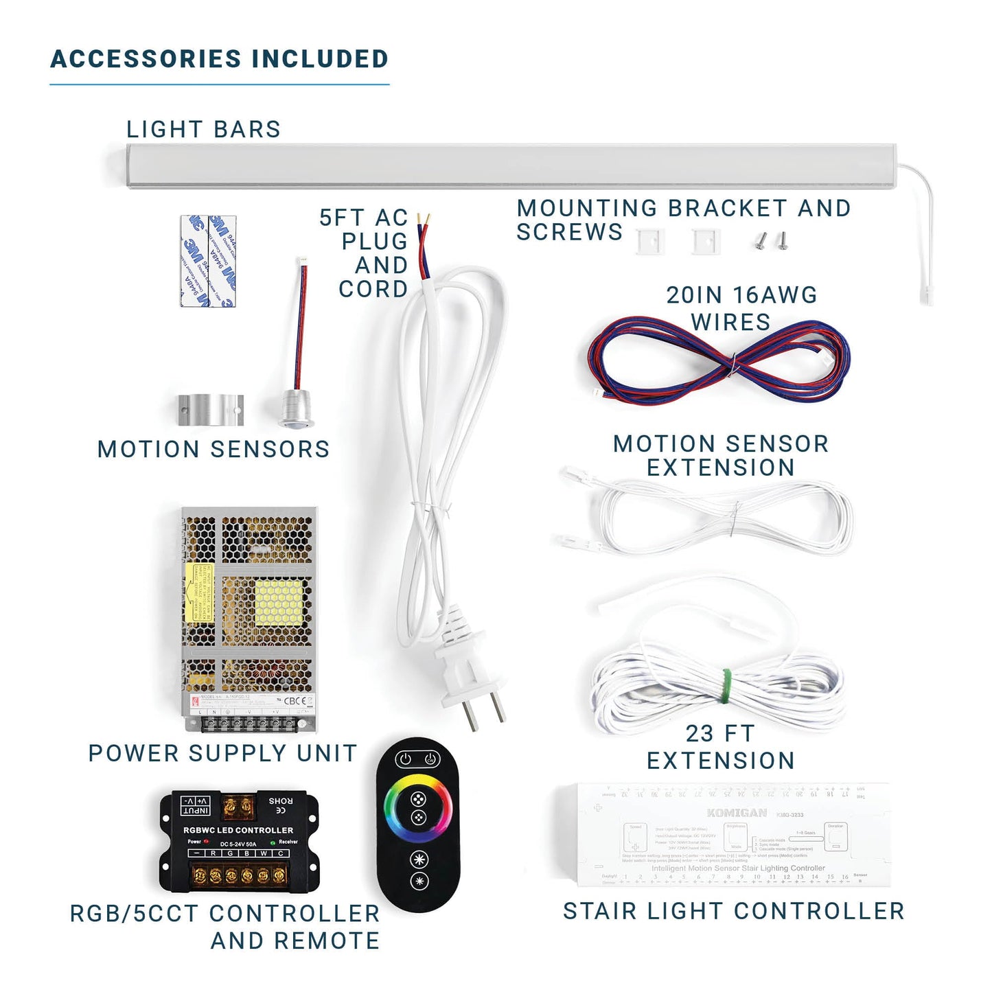 PARMIDA Motion Sensor LED Stair Lights, RGB + 5CCT, 24” Aluminum Bars, Dimmable, Remote, Cascading Style, UL Driver, 20 Steps