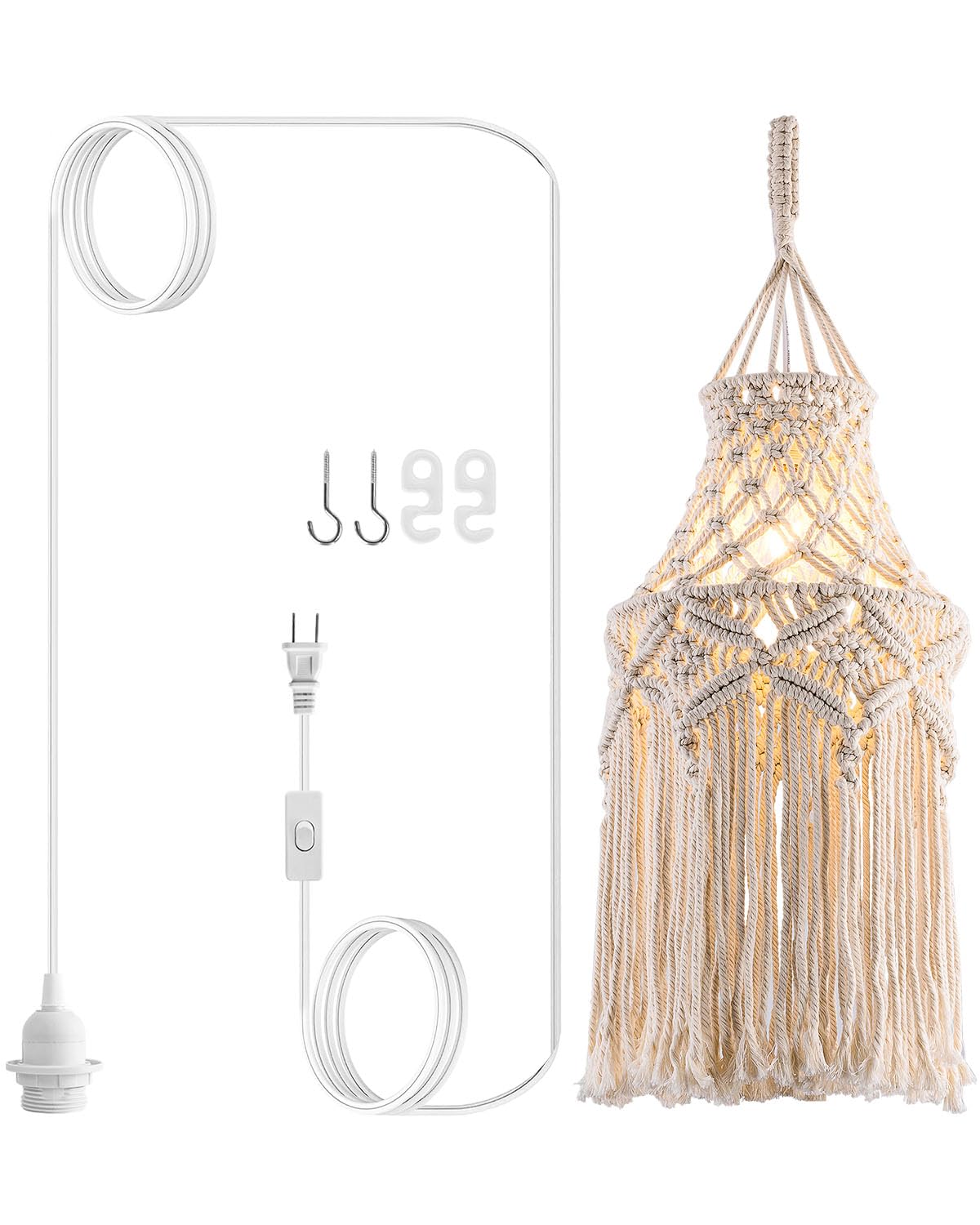 FLSFU Boho Macrame Pendant Lamp, Plug-In Hanging Light with Cord & Switch, Bohemian Wall Outlet Fixture for Bedroom & Living Room