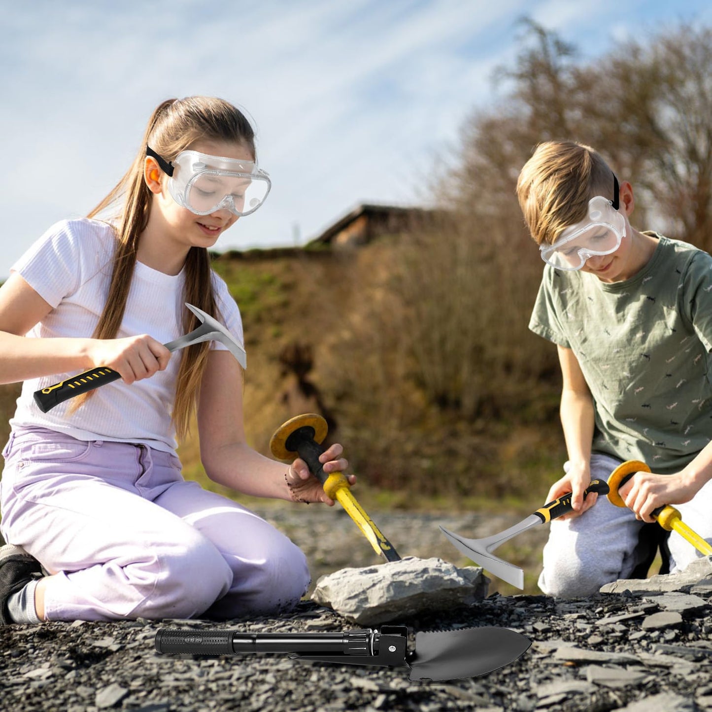 26oz Geologist Rock Pick Kit with 12" Folding Shovel, Multitool, Survival Bracelet, Safety Glasses, Loupe & Gloves for Gold Prospecting