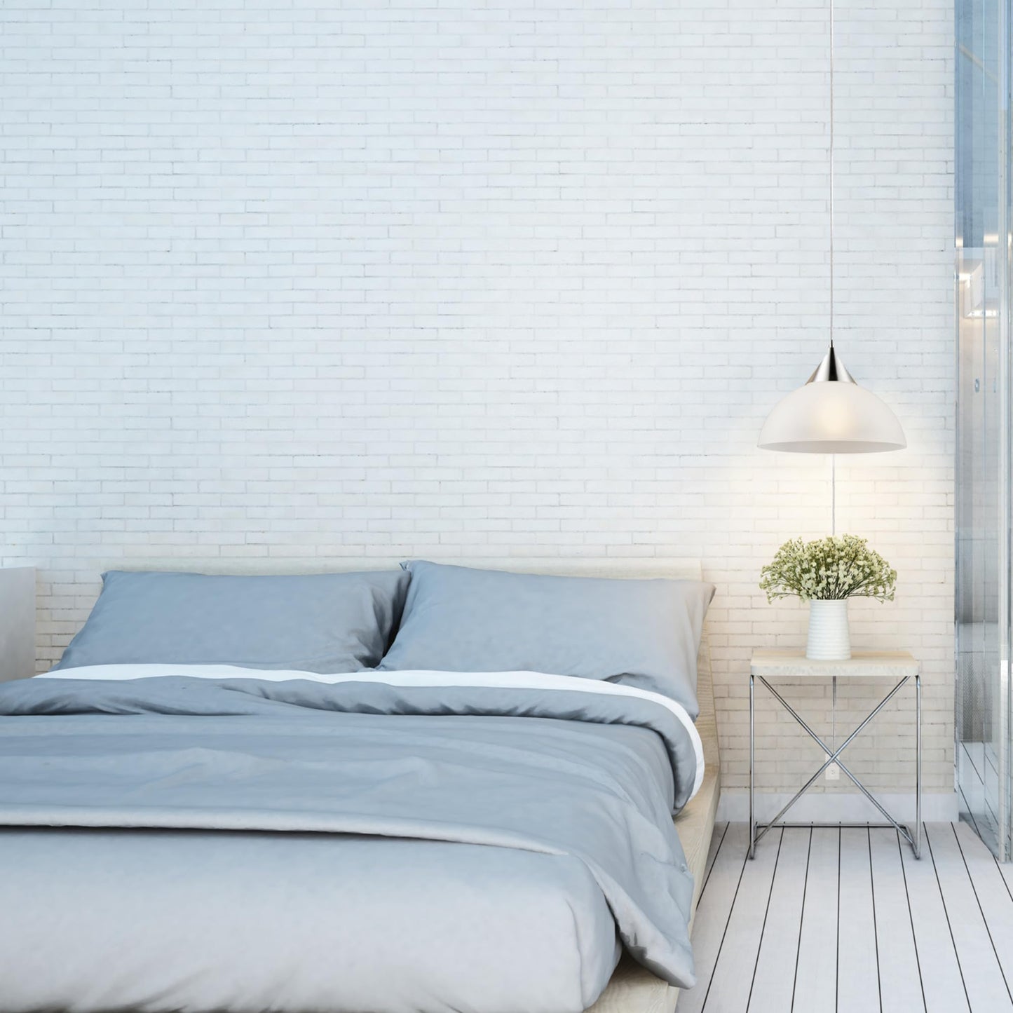 GLOBE Electric 64413 Plug-In Pendant Light, 1-Light Brushed Steel with Frosted White Shade, 15ft Clear Cord, In-Line Switch, E26 Base