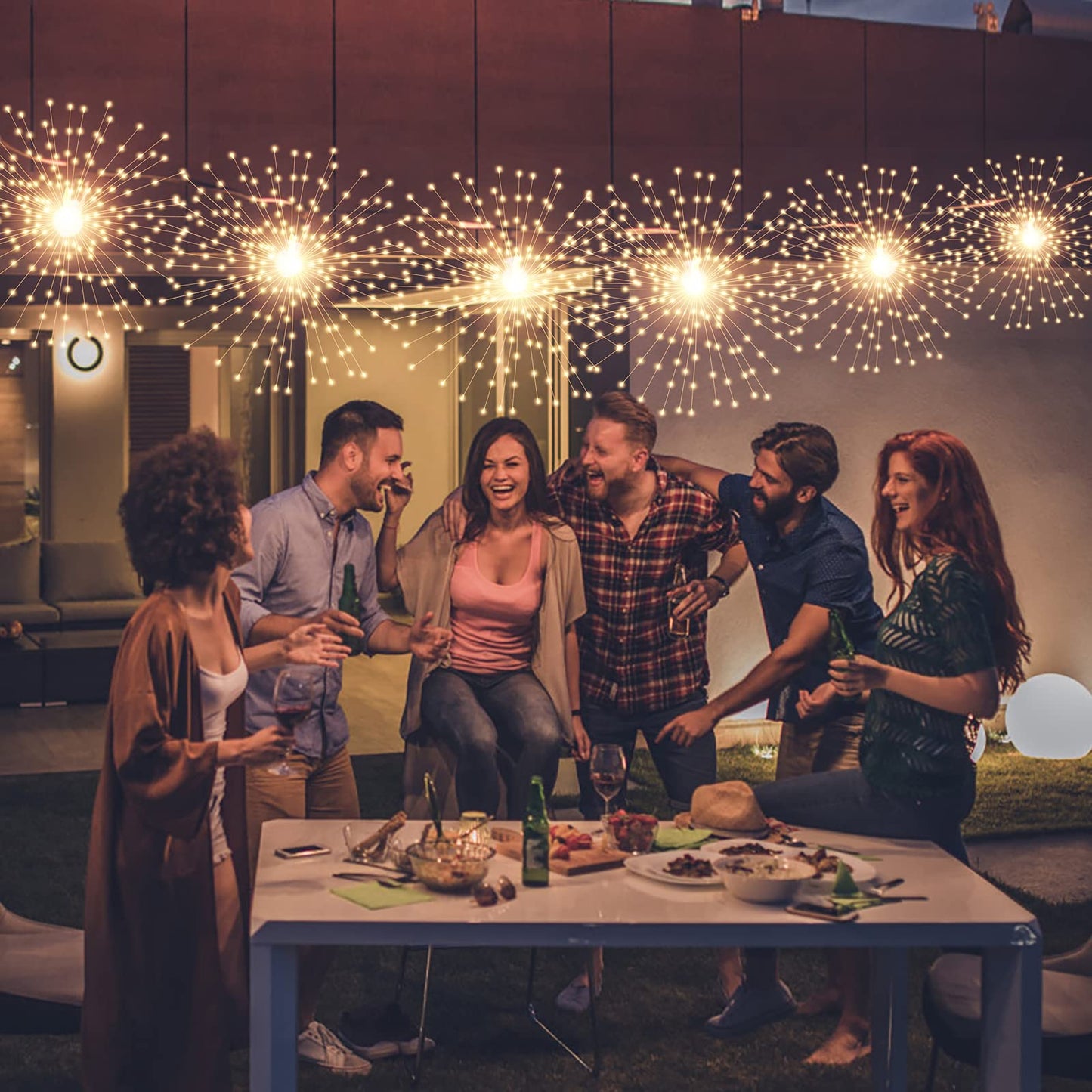 PXBNIUYA 200 LED Hanging Sphere Starburst Lights, Battery Operated, 8 Modes Dimmable Remote, Waterproof Fairy Lights, Warm White Indoor/Outdoor Decor