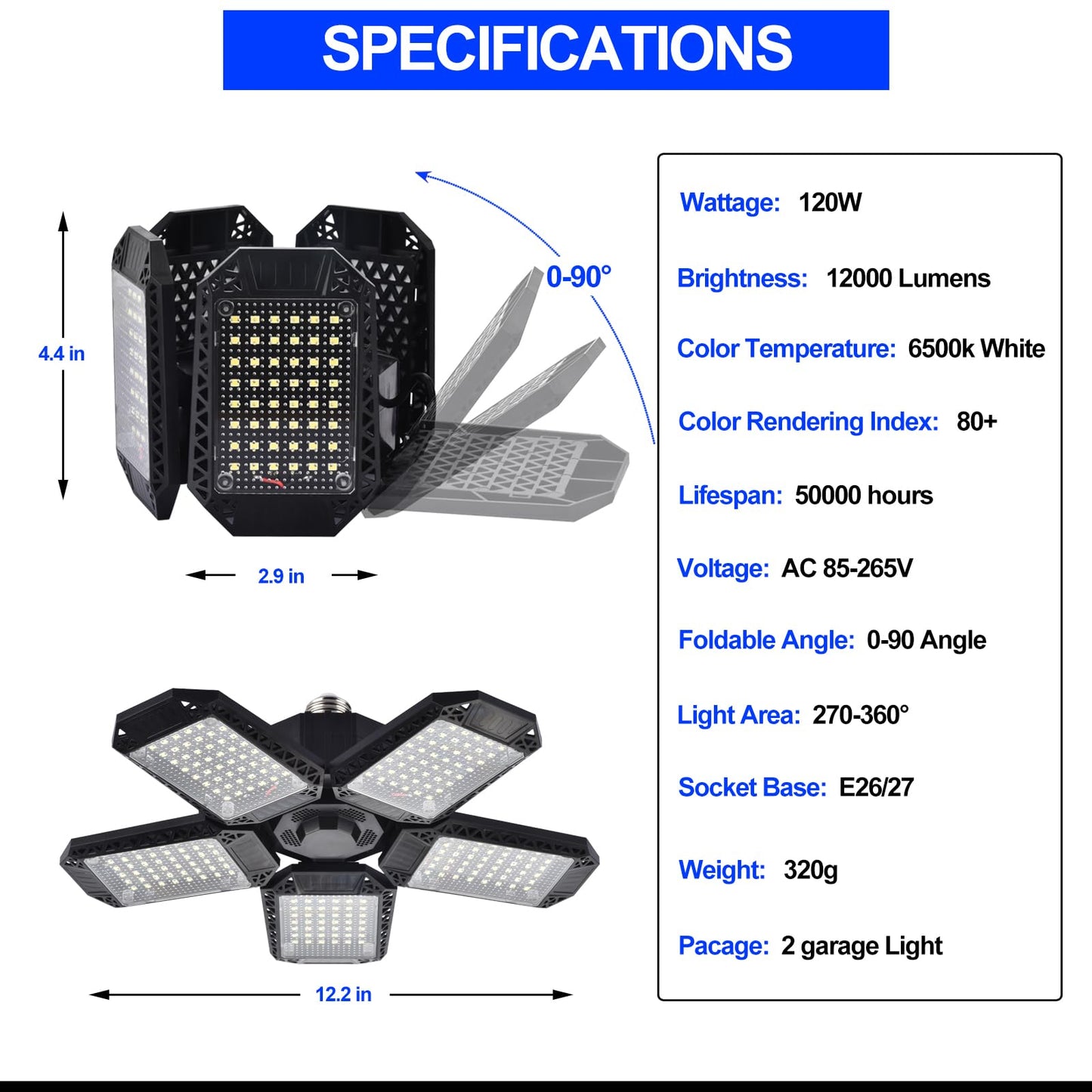 Mefflypee 2-Pack 120W LED Garage Lights, 5-Panel Adjustable Deformable Ceiling Lamp, 12000LM E26 Shop Light for Basement, Barn, Store