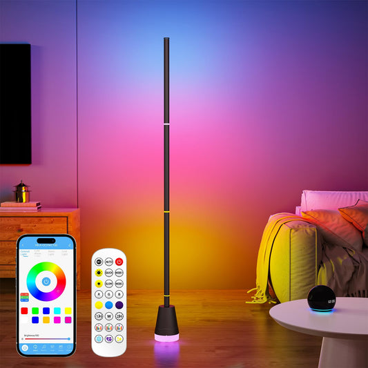 Clownya LED Corner Floor Lamp with App & Remote Control, Smart RGB Color Changing Light, Music Sync, 16M Colors, Modern Lamp for Bedroom Living Room