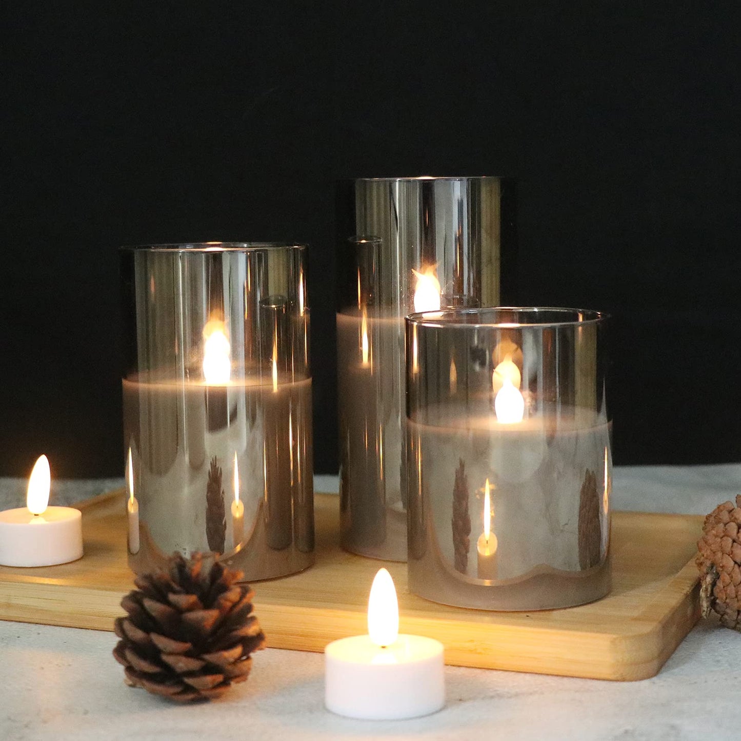 GenSwin Set of 3 Gray Glass LED Flameless Candles, Battery Operated, Real Wax, Warm White Flicker with 10-Key Remote & Timer