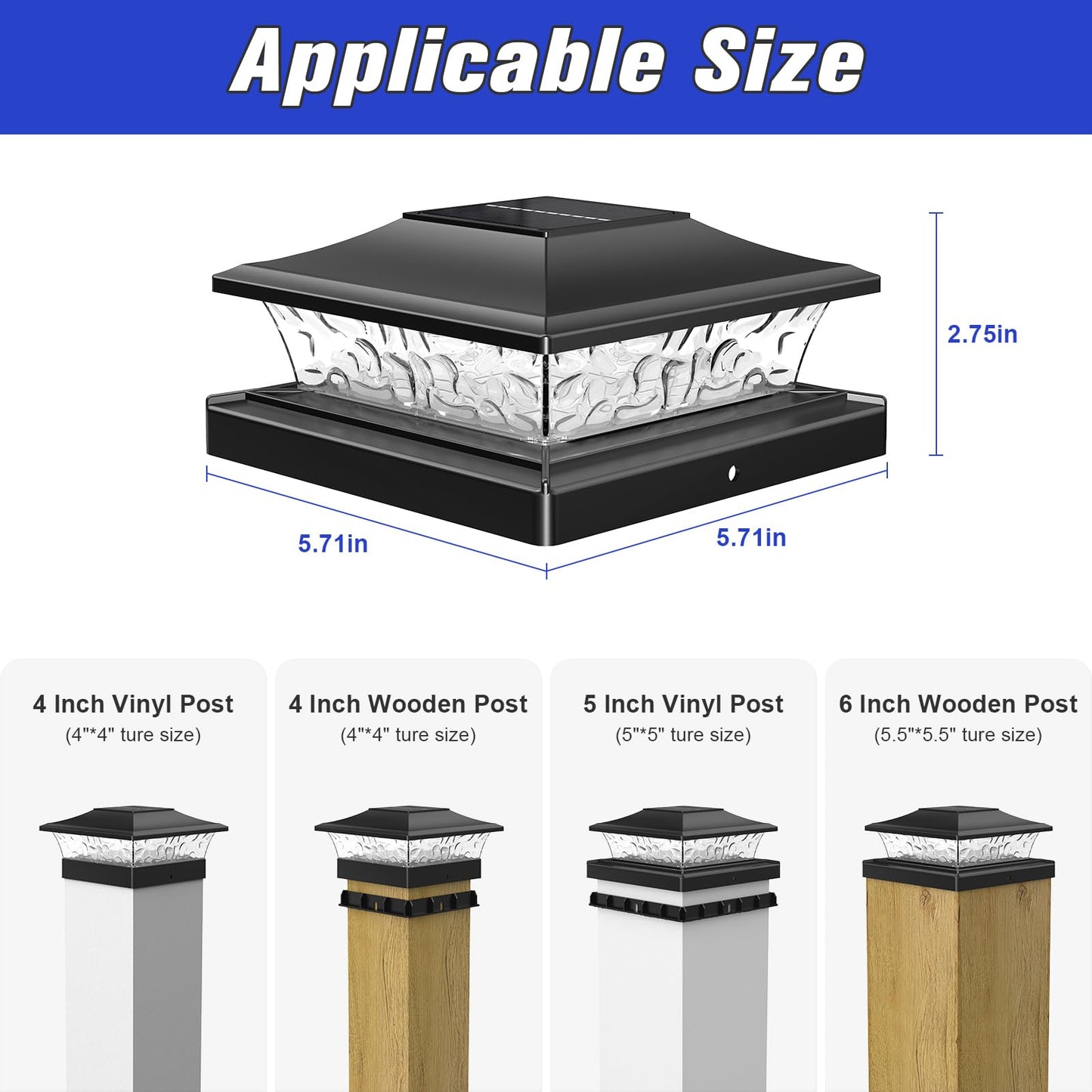 APONUO 6-Pack Solar Post Cap Lights for 4x4-6x6 Wood & Vinyl Fences, IP65 Waterproof, Auto On/Off, Warm & Cool White, Outdoor Black