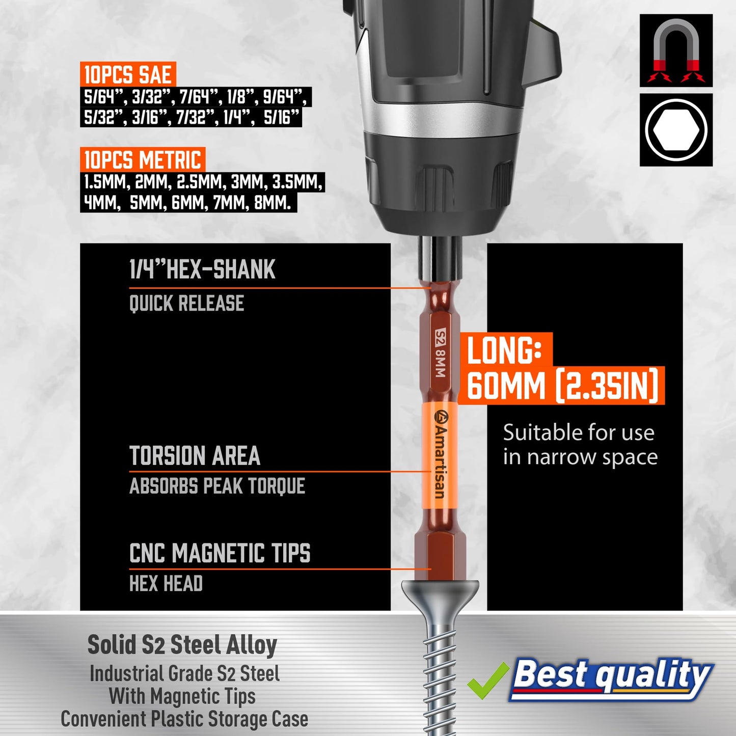 Amartisan 20-Piece Hex Head Allen Wrench Drill Bit Set, Metric and SAE S2 Steel Hex Bits Set, Magnetic Tips, 2.3" Long With Storage box.