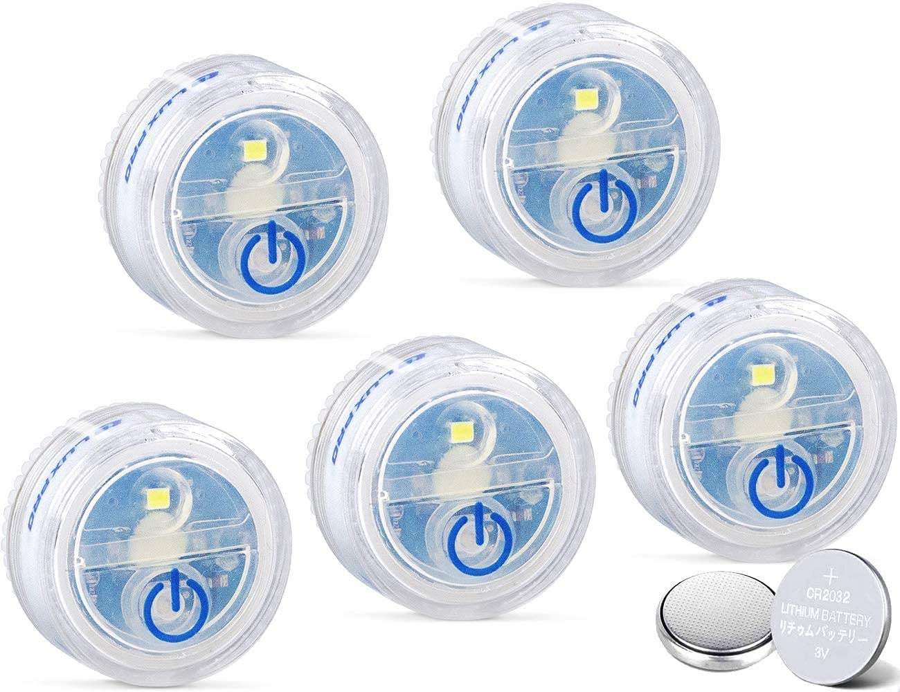 LUXPRO 5-Pack Waterproof Micro LED Puck Lights – Battery Powered Tap Lights with Adhesive, Perfect for Cabinets, Bookcases & Tackle Boxes