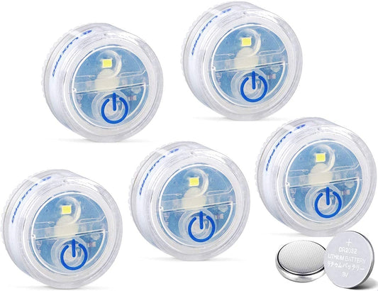 LUXPRO 5-Pack Waterproof Micro LED Puck Lights – Battery Powered Tap Lights with Adhesive, Perfect for Cabinets, Bookcases & Tackle Boxes