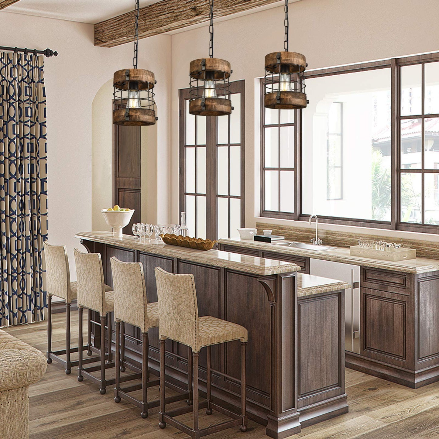 wochos Retro Industrial 1-Light Metal & Wood Cage Pendant Light, Round Chandelier for Kitchen, Dining, Foyer, Hallway, Bar (Brown)