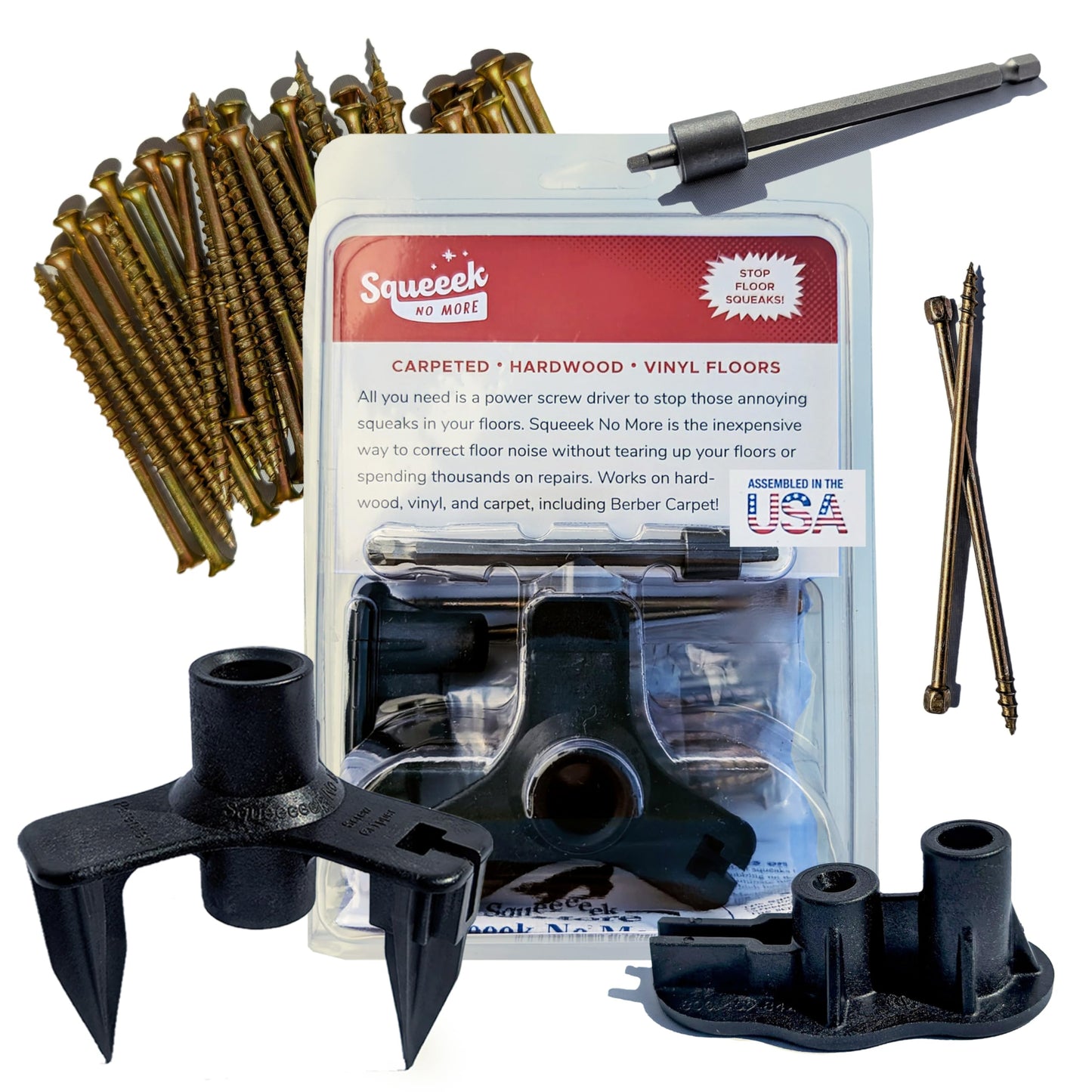 SQUEEEK NO MORE Floor Squeak Repair Kit – Hardwood, Carpet, Vinyl & Linoleum, Includes Joist Finder, Drill Bits & 50 Screws