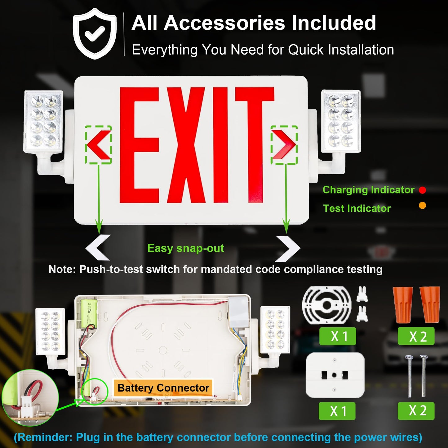 Gruenlich 2-Pack LED Combo Exit Sign with Emergency Light, Adjustable Heads, Double Face, Backup Batteries, UL 924, 120-277V, Red US Standard