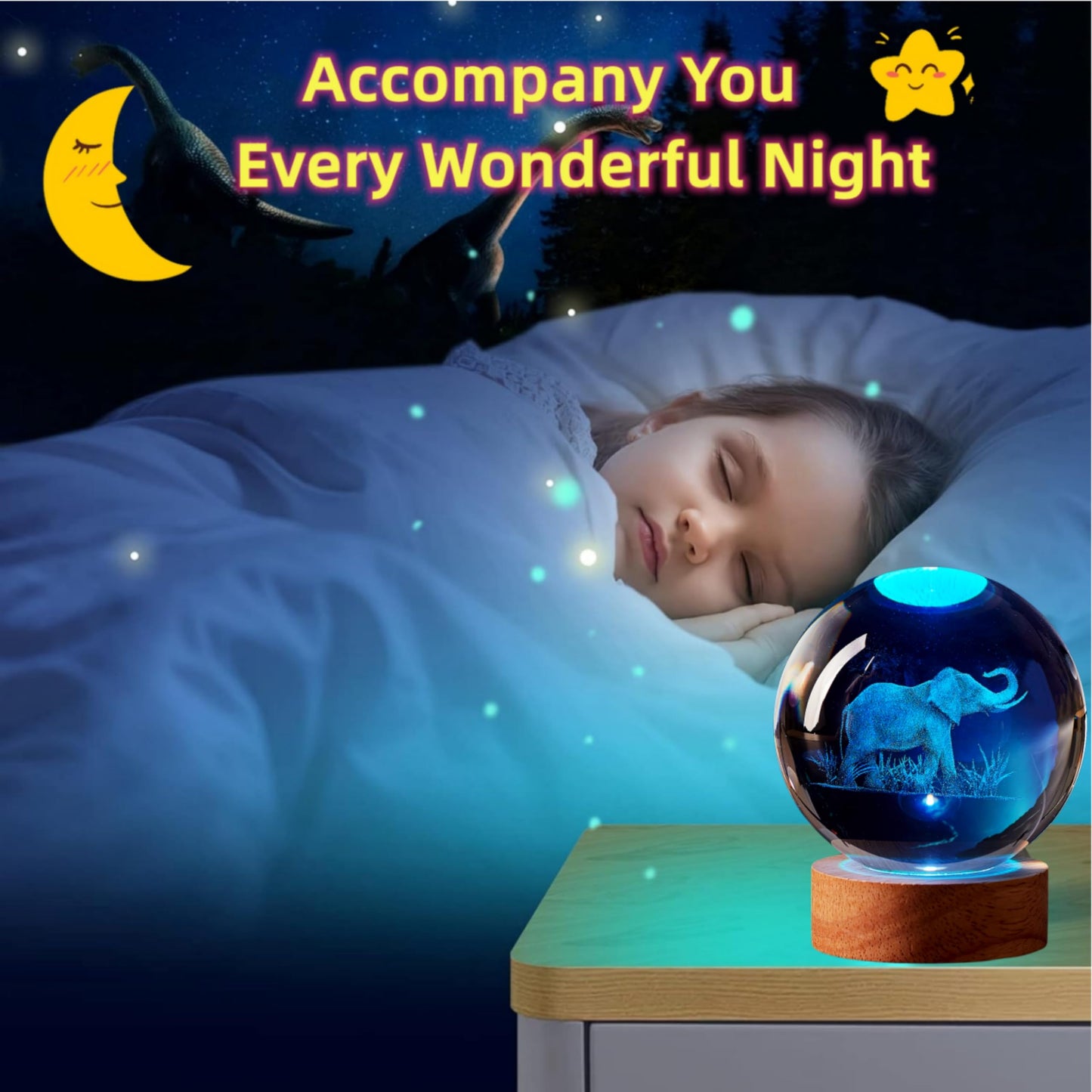 DIGFPWT Elephant Crystal Ball Lamp, 3.15 inch, Night Light with Wooden LED Base, Glass Ball with USB, Remote Control, 16 Color Change, Gift Box