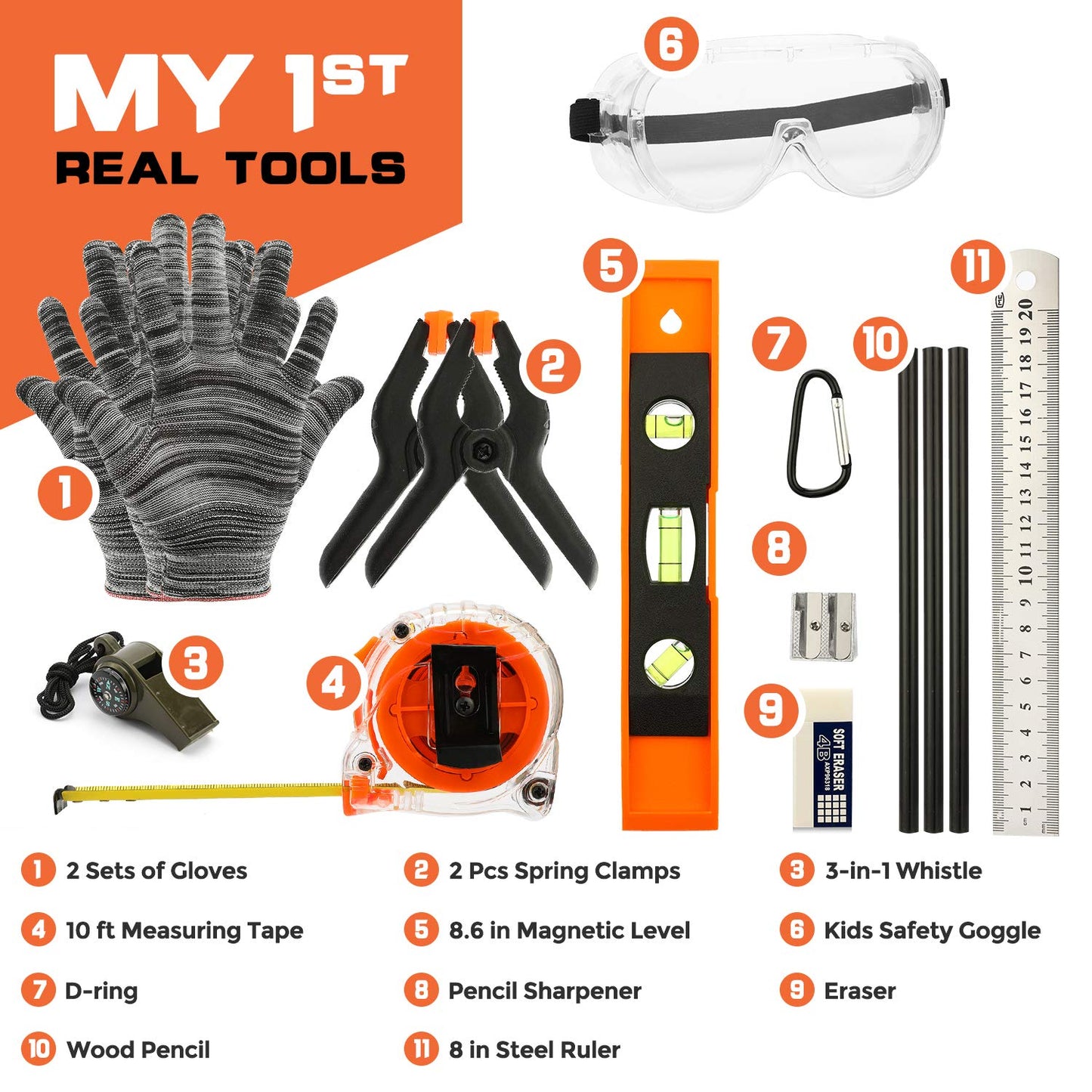 INCLY 18PCS Kids Tool Set with Adjustable Belt 20"-32", Real Hand Tools for Boys, Hammer & Screwdriver DIY Building & Woodworking