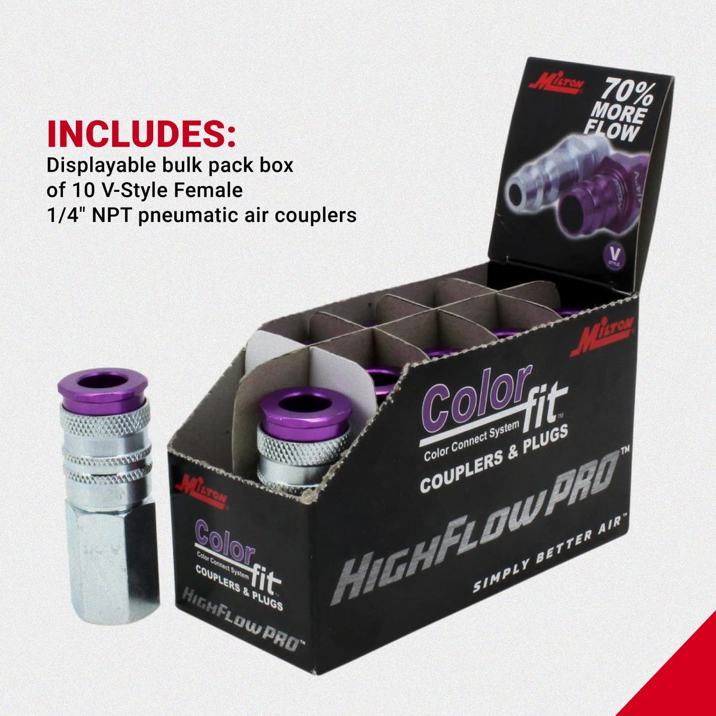 Milton ColorFit HighFlowPRO Couplers, V-Style Purple, 1/4" NPT, Box of 10 (764VC) Pneumatic Air Plugs