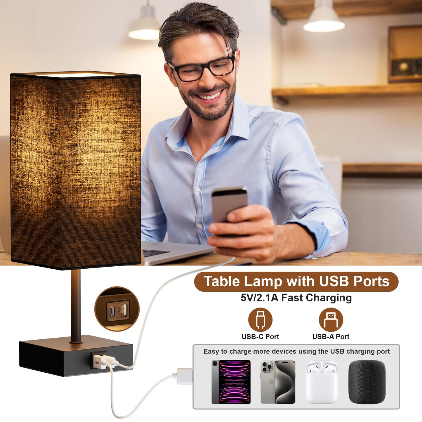 Sailstar Touch Table Lamp, 3-Way Dimmable Bedside Lamp with USB-C & USB-A Charging Ports, Black Nightstand Desk Lamp, Bulb Included