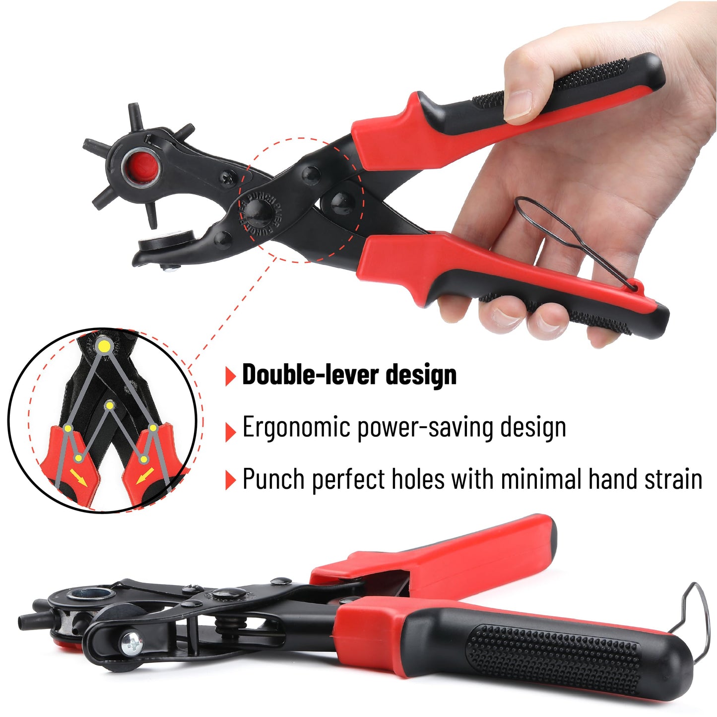 UNCO Leather Hole Punch Set with Red Handle, Multi Sizes, Belt & Leather Puncher for Belts, Straps, Shoes, Canvas, DIY + 100 Grommets