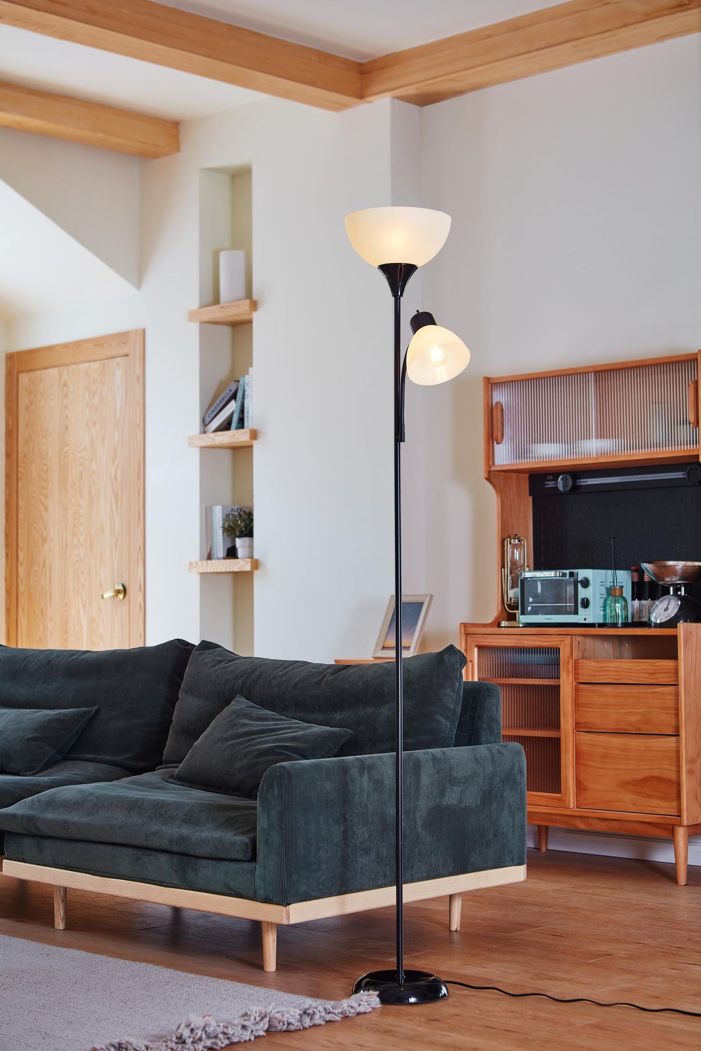 GLOBE Electric 67135 72" Torchiere Floor Lamp with Adjustable Reading Light, Matte Black, Frosted Shade, 3-Step Dimming