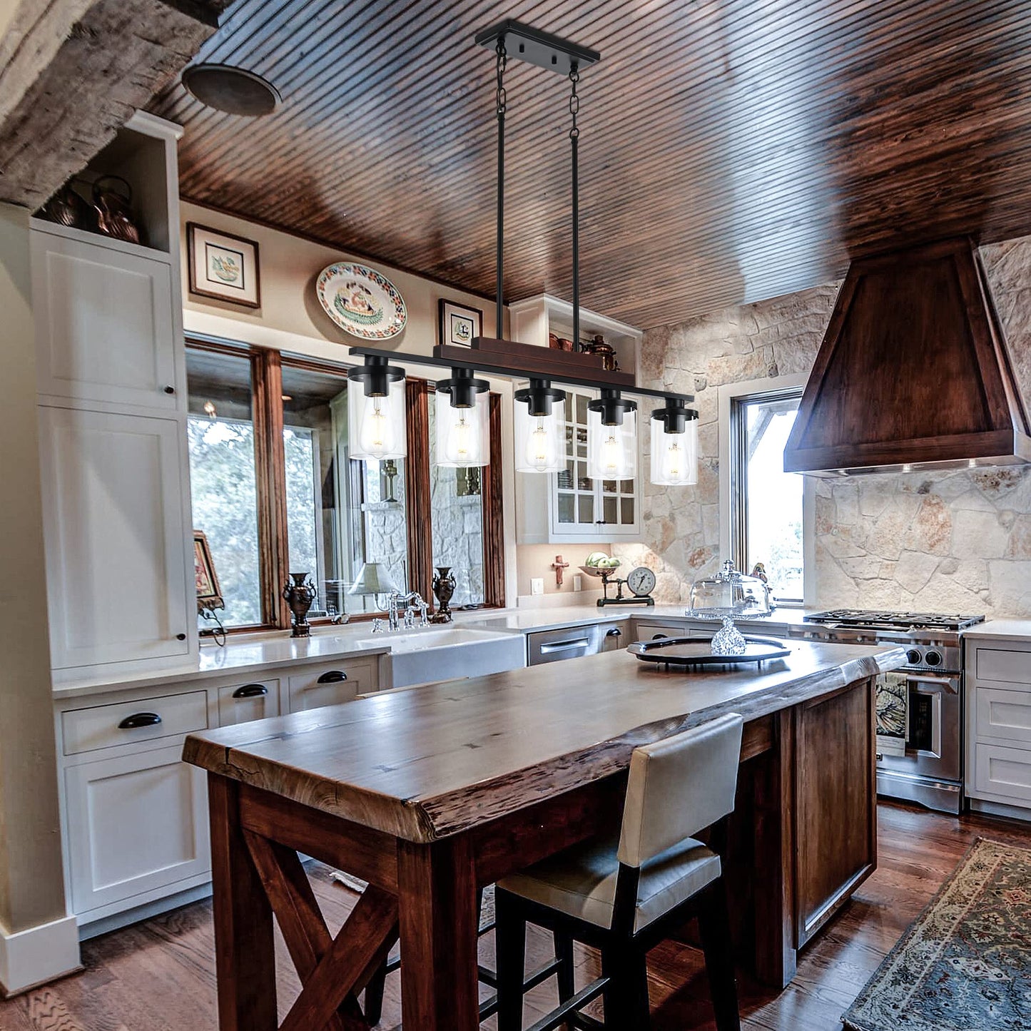 5-Light Farmhouse Chandelier, Matte Black & Wood Linear Pendant for Dining Room or Kitchen Island with Clear Glass Shades