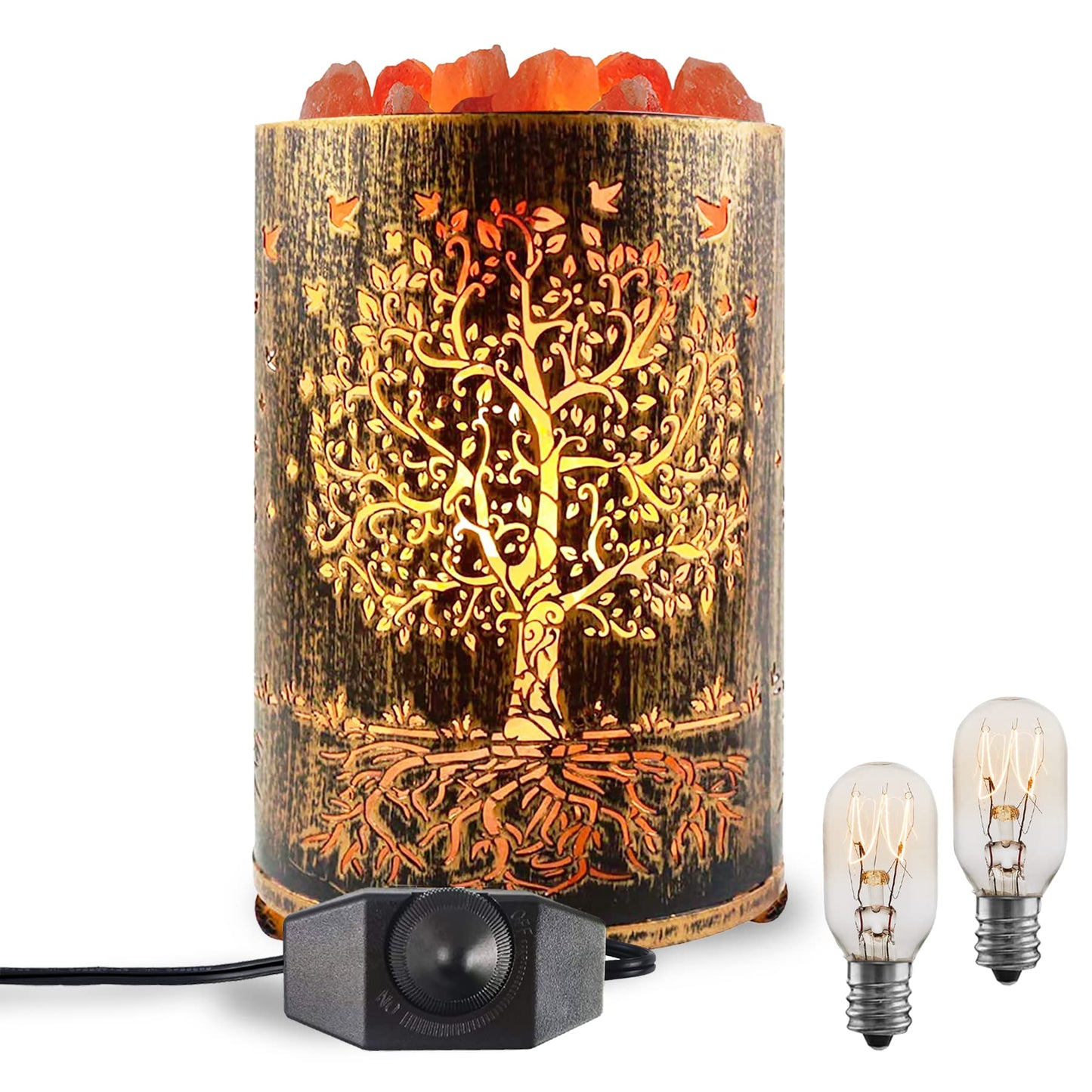 Himalayan Salt Lamp Night Light with Dimmer, Tree of Life Basket Design, Retro Desk Decor & 15W Replacement Bulbs