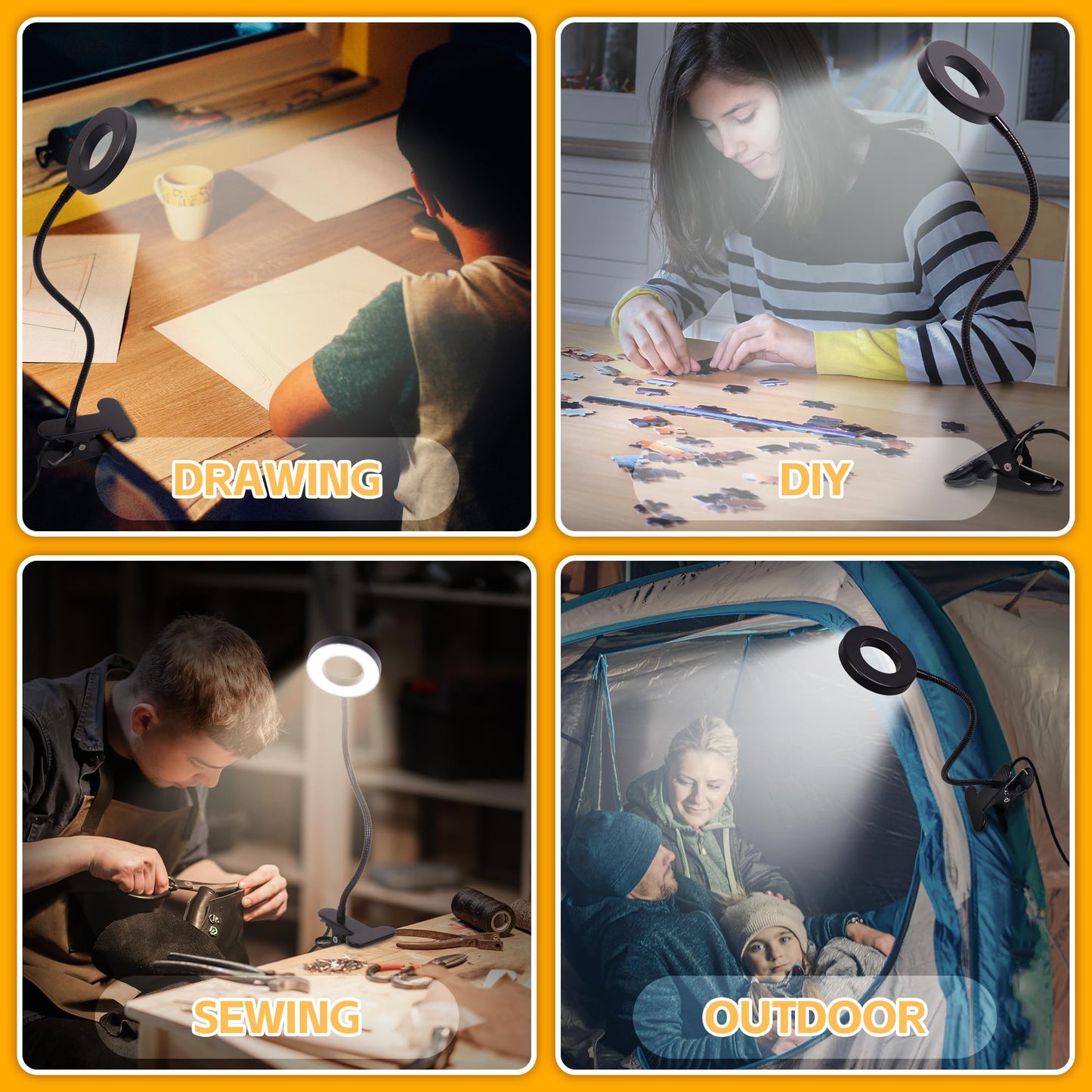 Foneso 48 LED Clip-On Desk Lamp, USB Rechargeable, 3 Colors & 10 Brightness Levels, 360° Flexible, Eye-Care Night Light for Reading & Crafts