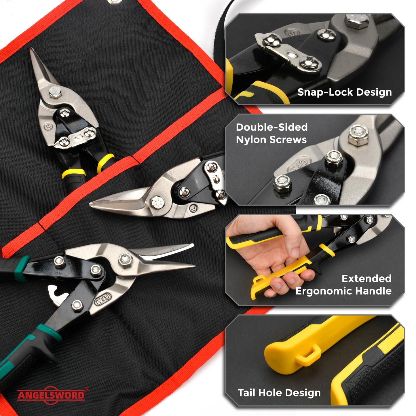 ANGELSWORD 3 PC Cr-M Aviation Tin Snips Set, 10 Inch Aviation Tin Snips, Cr-M Aviation Snips for Cutting Metal Sheet, Heavy Duty Sheet