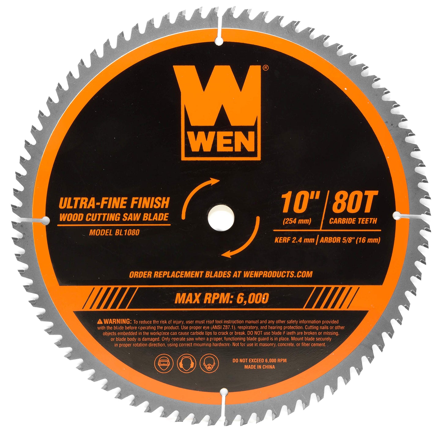 WEN BL1080 10-Inch 80-Tooth Carbide-Tipped Ultra-Fine Finish Professional Woodworking Saw Blade for Miter Saws and Table Saws