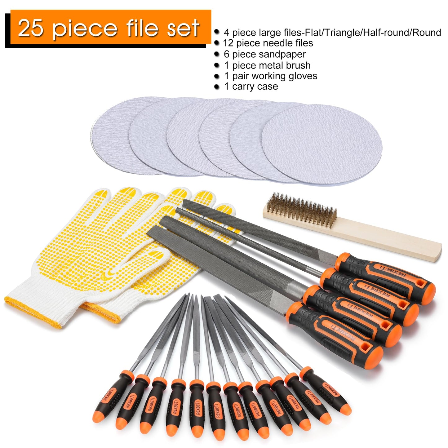 REXBETI 25-Piece Metal File Set with 12 Needle Files, Sandpaper, Brush & Gloves – Premium T12 Alloy Steel, Flat/Triangle/Round Files, Carry Case