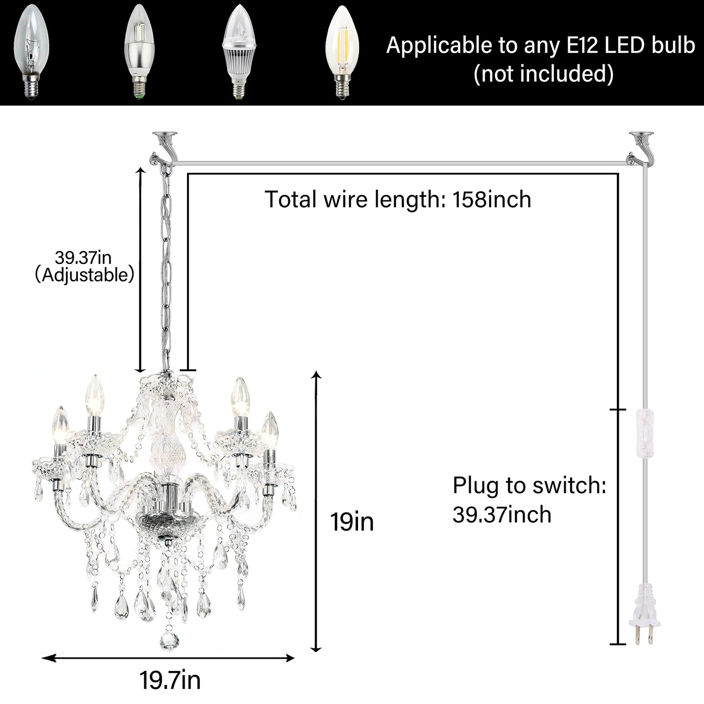PAPAYA 5-Light Crystal Pendant Chandelier, Acrylic Hanging Light with Clear Cord & Switch, 19"H x 19.7"D, for Kitchen, Dining, Bedroom