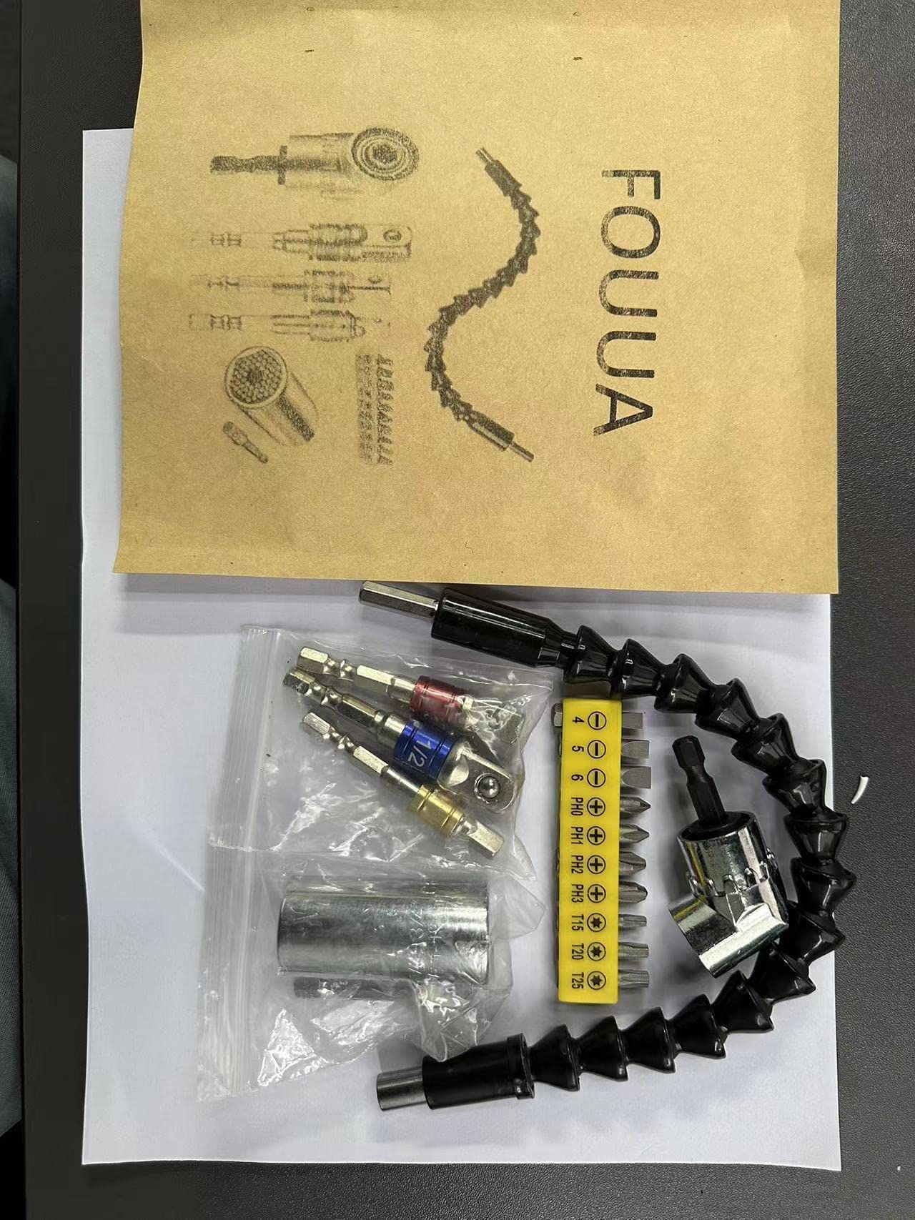 Flexible Drill Bit Extension & Universal Socket Wrench Set, 105° Right Angle Drill Attachment, 1/4–1/2" Socket Adapters, Bit Kit