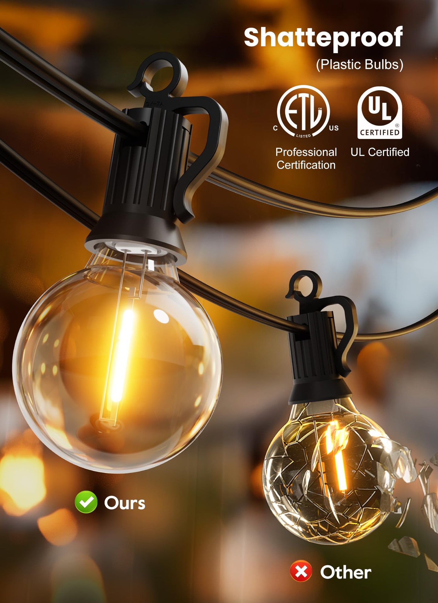 Brightown 50FT Outdoor String Lights with 25 G40 LED Bulbs, Shatterproof IP65 Waterproof, Dimmable Connectable Patio Globe Lights