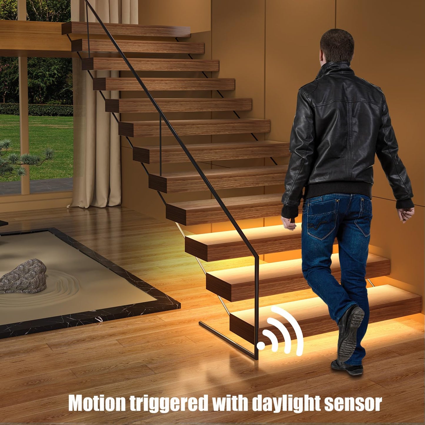 **RWOFNIA RW-5630 Motion-Activated LED Stair Lighting Kit, 48" Cuttable Warm White 3000K Strip, Daylight Sensor, 20 Steps**