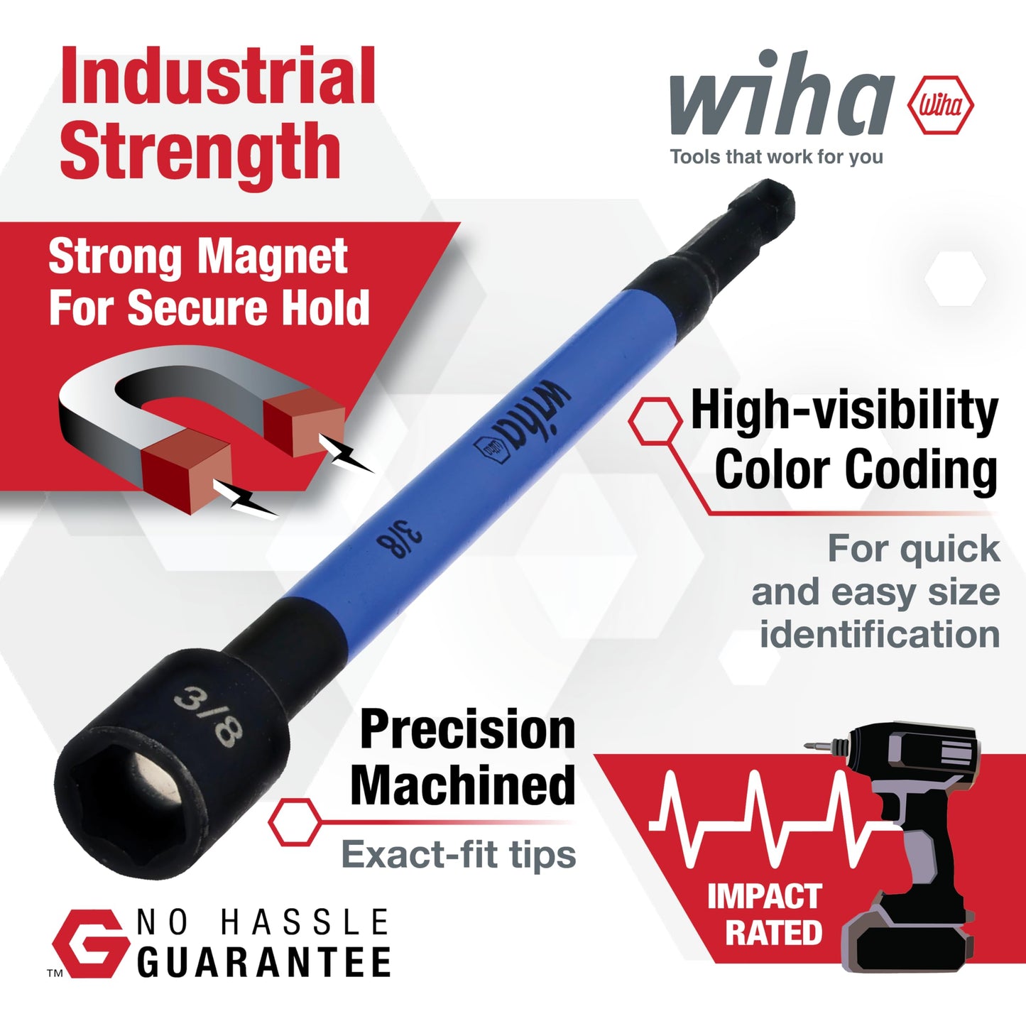 Wiha 70486 Magnetic Nut Setter Set, 6 Piece SAE, Color Coded, 1/4-Inch Hex Drive, Impact Rated