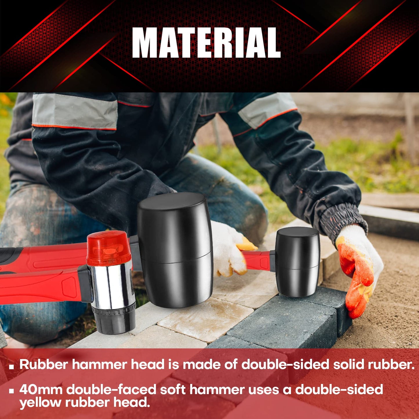 YIYITOOLS 2Pcs Hammer Set, 16oz Rubber Mallet & 40mm Double-Faced Soft Mallet Fit for Construction and Home Renovation, Black