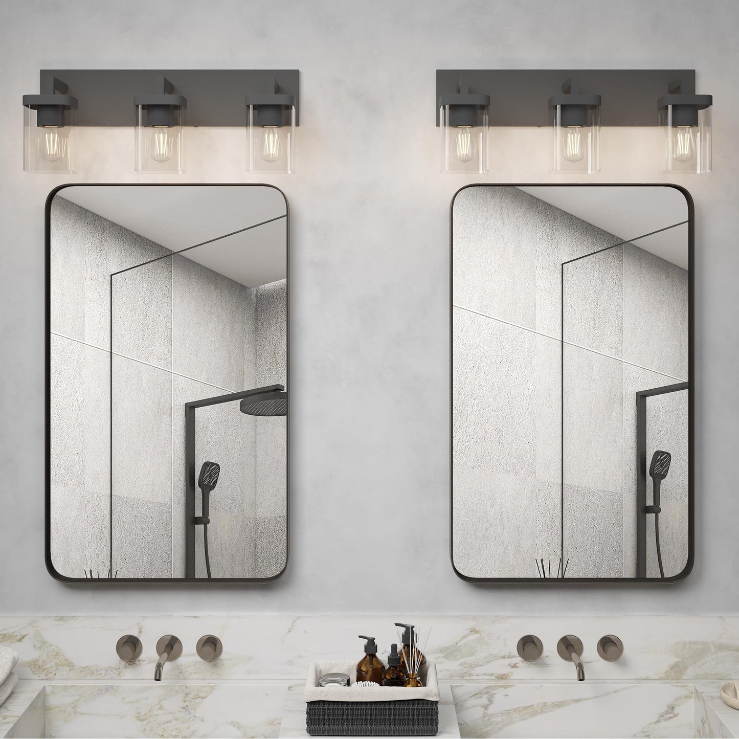 Danshinro Modern 3-Light Bathroom Vanity Light, Square & Rectangle Design, Large Backplate, Black – For Bathroom, Bedroom, Living Room