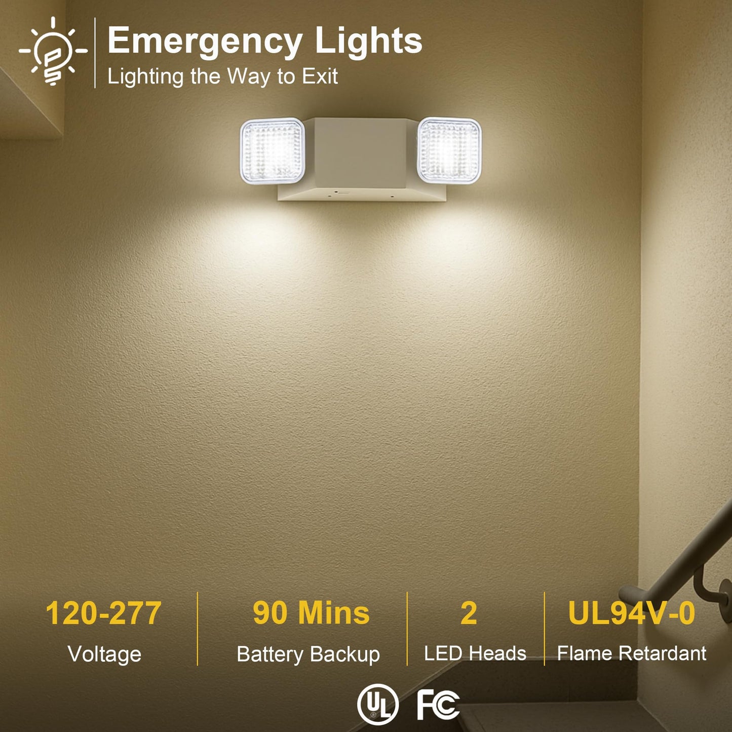 GRUENLICH LED Dual-Head Commercial Emergency Light, Backup Battery, Hardwired 120-277V, Office & Business Power Outage, 2-Pack