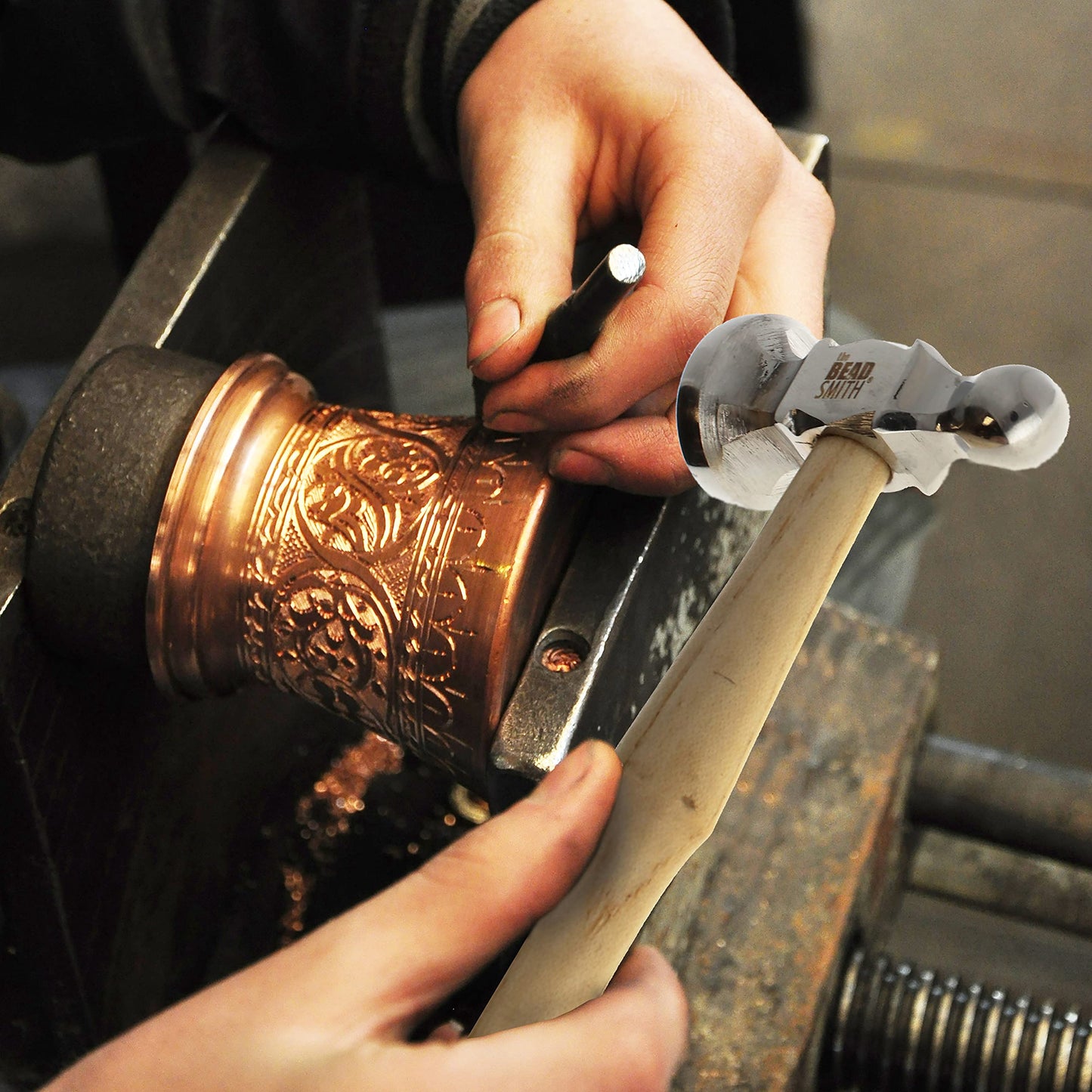 The Beadsmith Two-Sided Chasing Hammer, 11.5" Wooden Handle, 2.25" Steel Head with 14mm Ball Pein & 25mm Domed Face for Metalwork