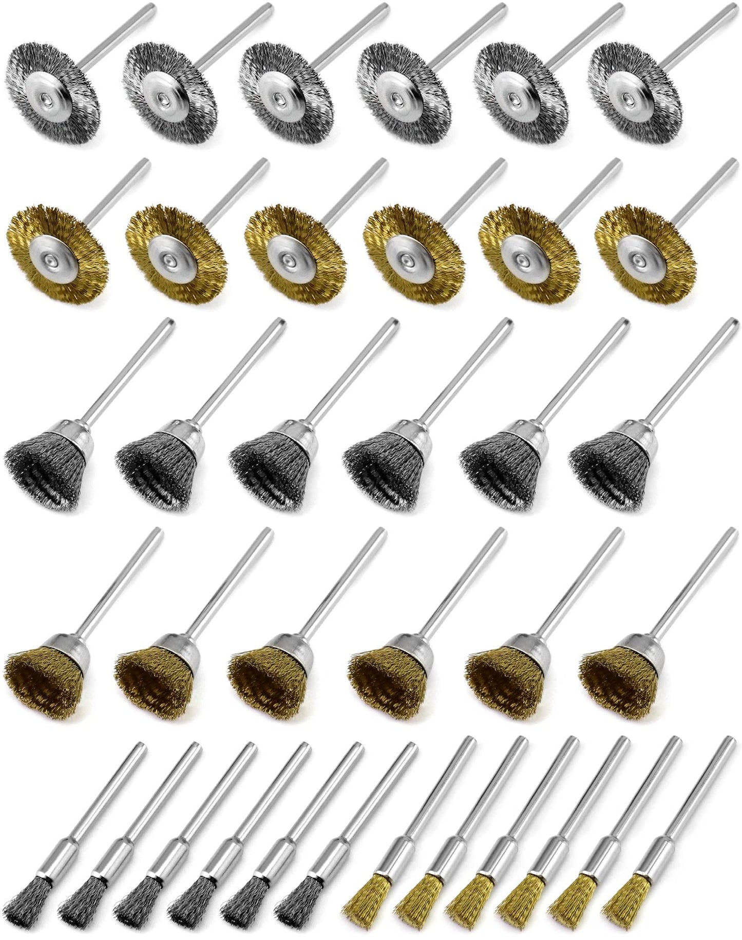 QWORK 36Pcs Brass & Stainless Steel Wire Brush Polishing Wheel Kit for Rotary Tools - for Metal, Wood Grinding, Deburring, and Polishing
