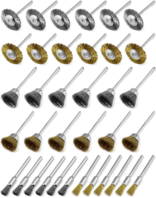 QWORK 36Pcs Brass & Stainless Steel Wire Brush Polishing Wheel Kit for Rotary Tools - for Metal, Wood Grinding, Deburring, and Polishing