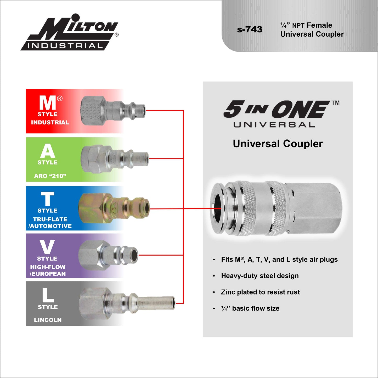 Milton 5 In ONE Universal Quick-Connect Coupler, 1/4" FNPT