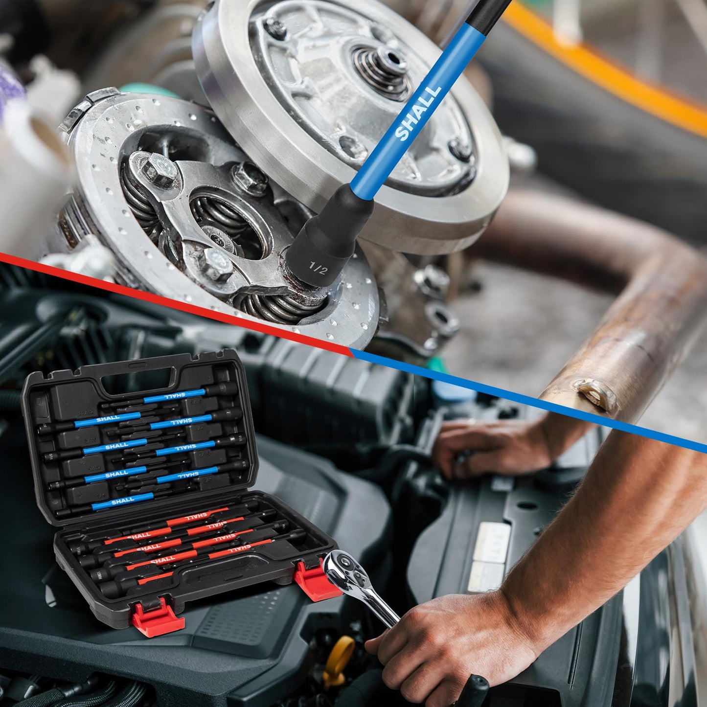 SHALL 16PCS Magnetic Nut Driver Set 6" Long, SAE & Metric, 1/4" Hex Shank, Impact Drill Bit Holder with Sturdy Tool Box