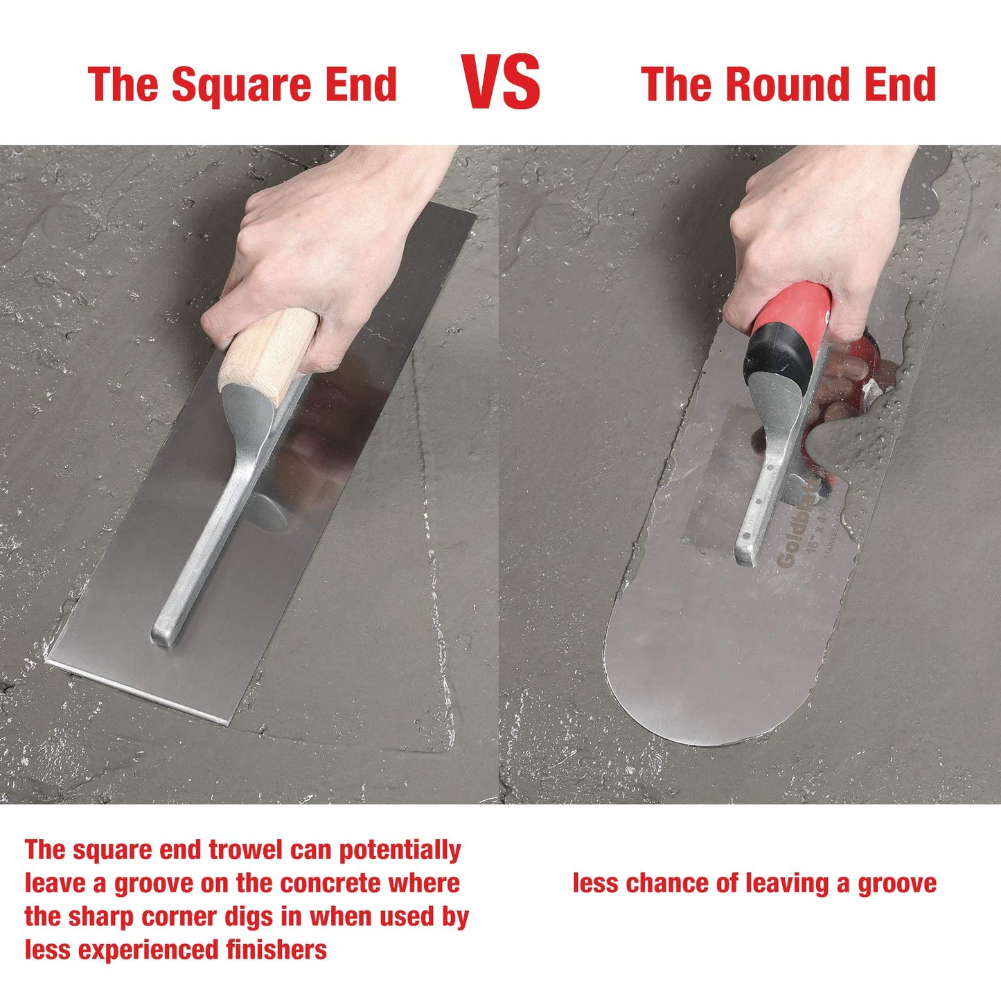 Goldblatt 2-Piece Stainless Steel Pool Trowel Set with Soft Grip Handles, 16" & 14" Finishing Trowels, Lightweight Round-End Design