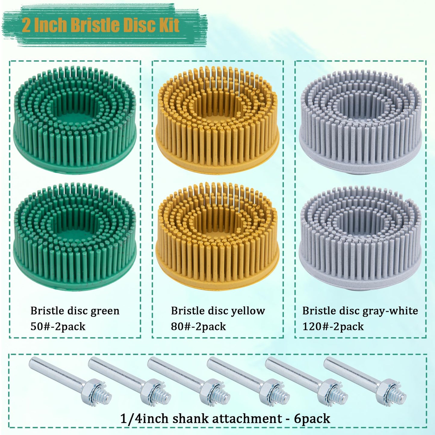 2 Inch Bristle Disc, 6 Pieces Bristle Disc Grade 50# 80# 120# with 1/4 Inch Abrasive Coating Removal Disc for Metal