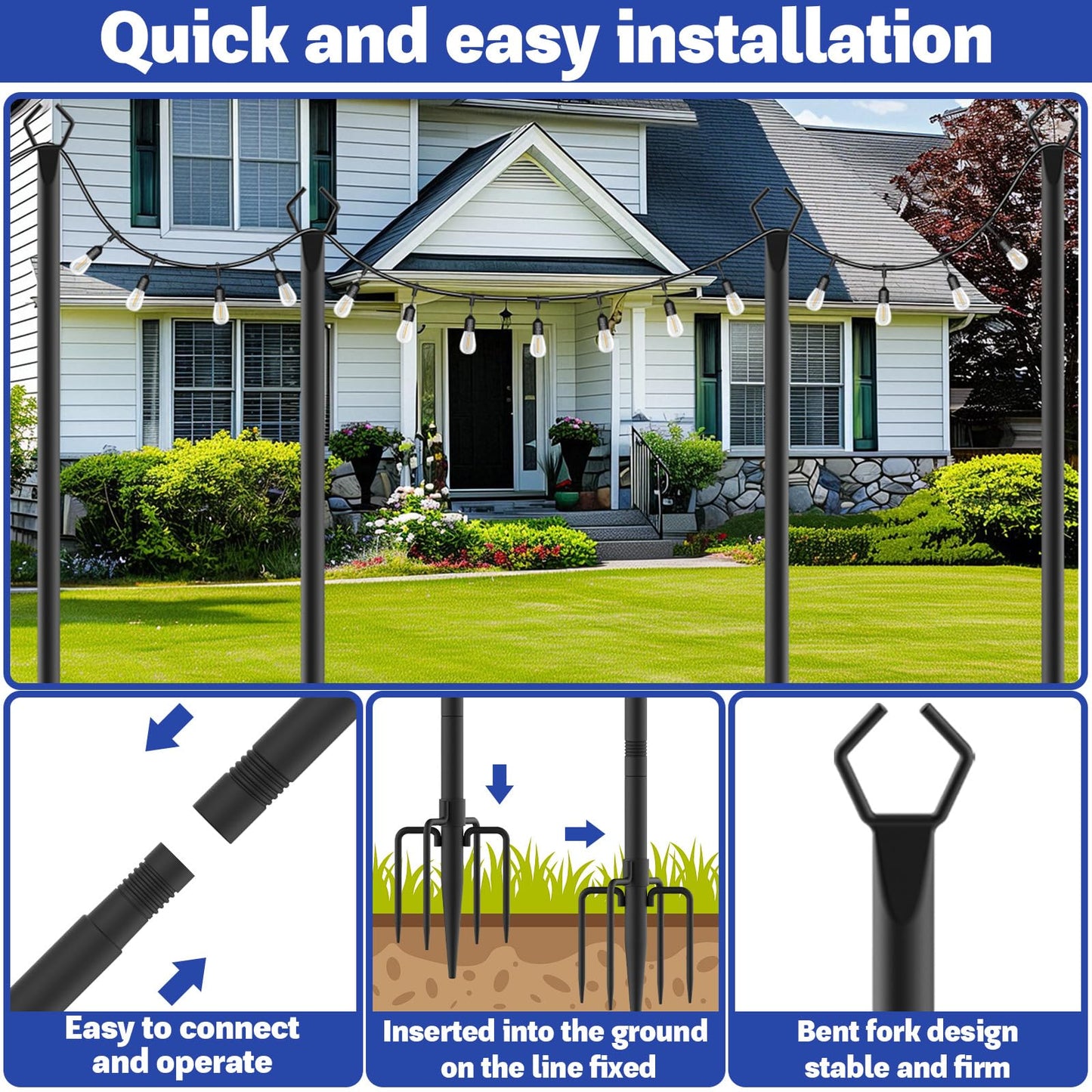 6 Pack 10FT Heavy Duty Metal String Light Poles, Adjustable Outdoor Lighting Stands for Patio Backyard Garden, Rustproof with Hooks